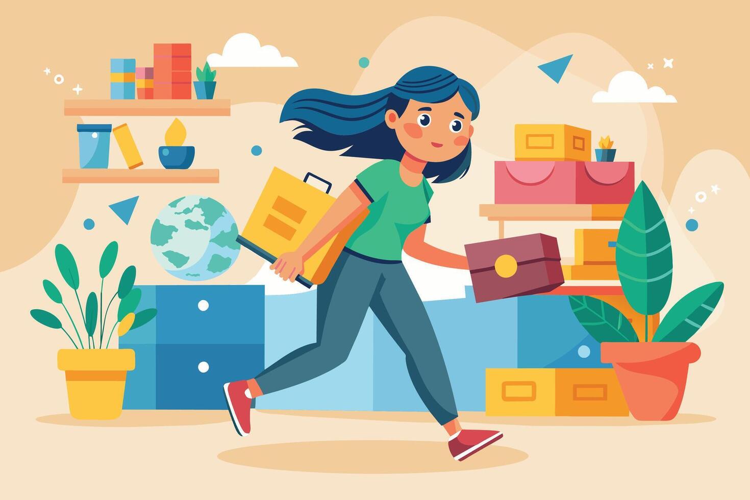 An illustration of a woman with long blue hair, carrying multiple packages while running through an office space. vector