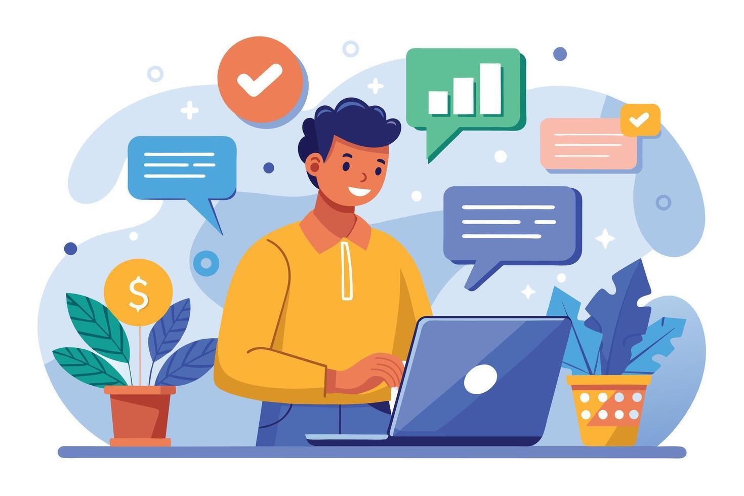 An illustration of a man smiling and working on his laptop with positive symbols, including growth indicators and check marks. vector