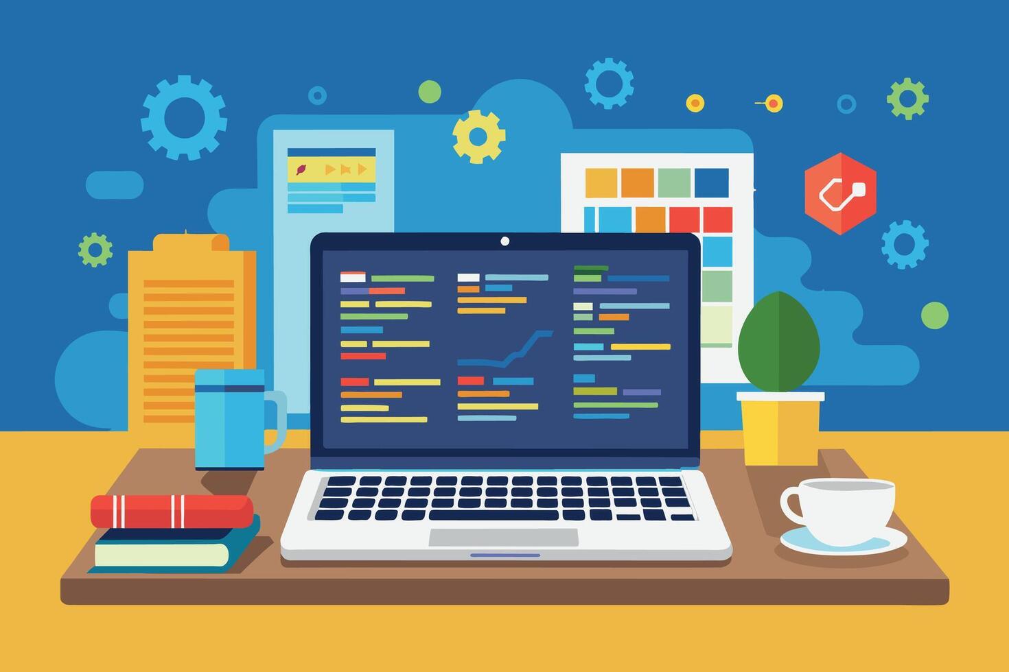 An illustration of a laptop computer with code on the screen, surrounded by design elements, on a desk with a cup of coffee. vector