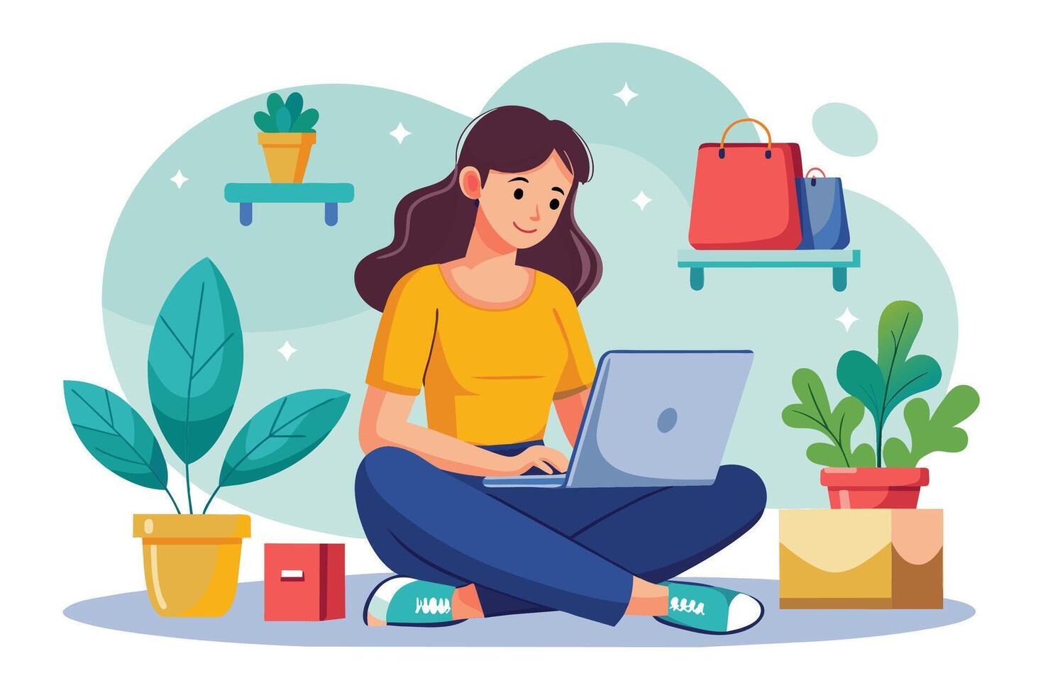 A woman sits on the floor with her legs crossed and uses a laptop to shop online. There are plants and a shelf with bags above her. vector