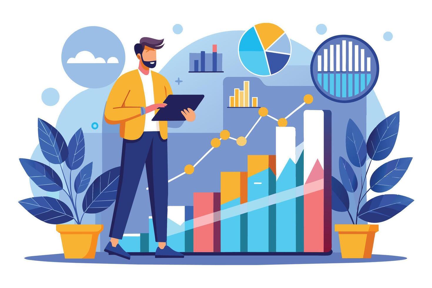 A businessman stands in front of a large display with growth charts and statistics, analyzing data on his tablet. vector