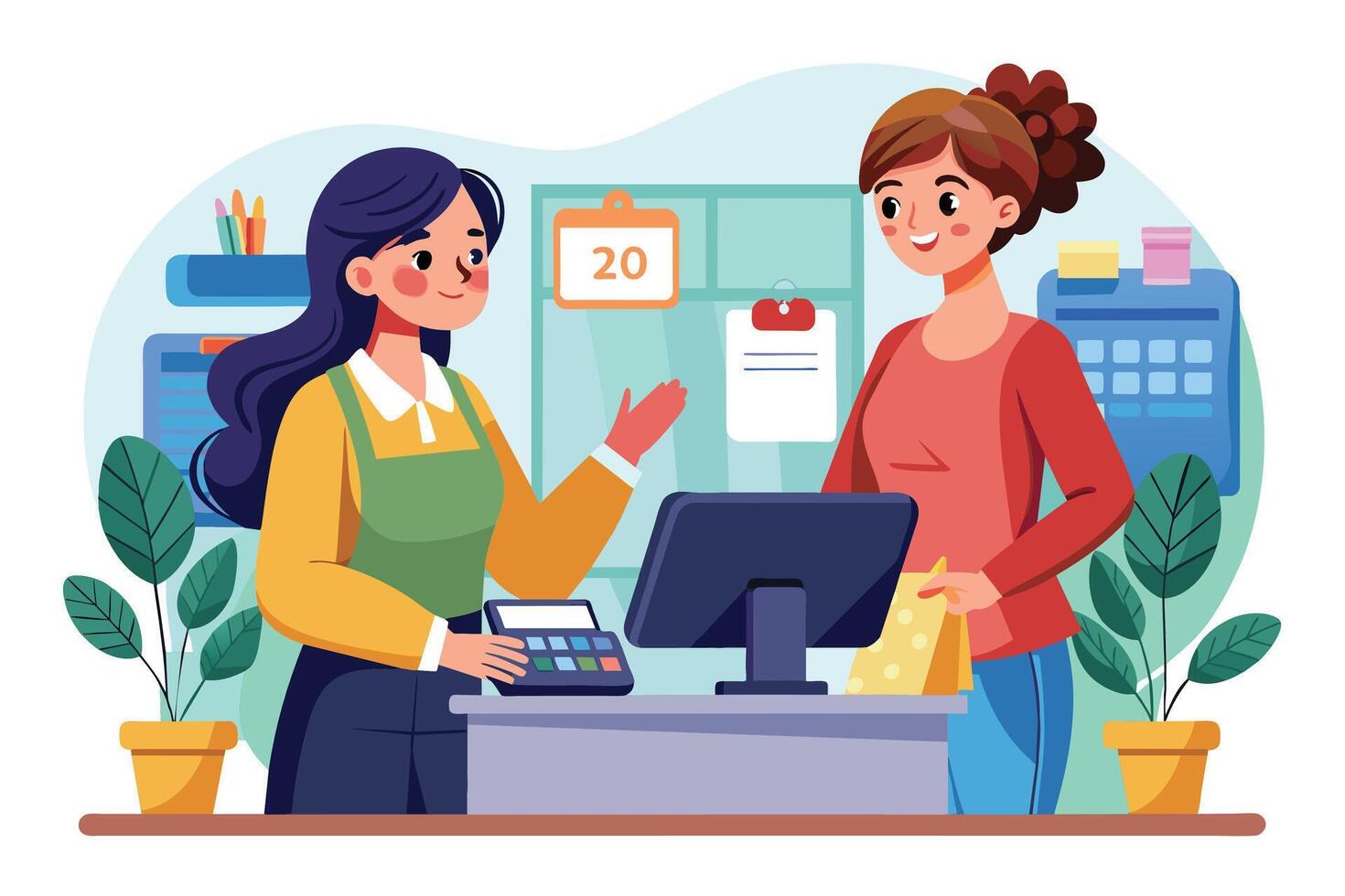 A smiling cashier with a green apron is assisting a customer at a counter, using a computer and calculator to process a transaction. vector