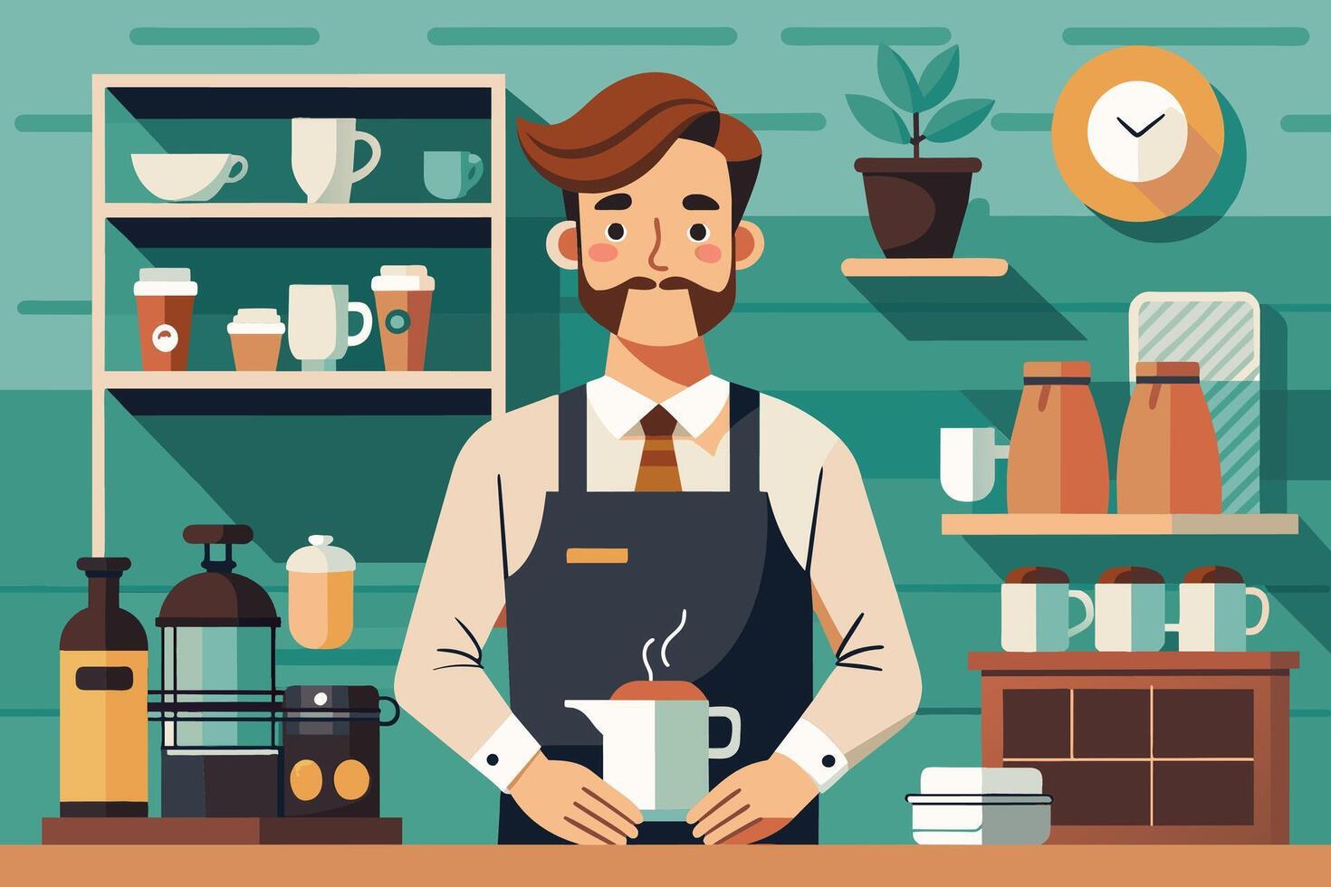 A cartoon barista stands behind the counter of a coffee shop, holding a steaming cup of coffee. The cafe is decorated in a modern style with shelves of cups, a clock, and a potted plant. vector