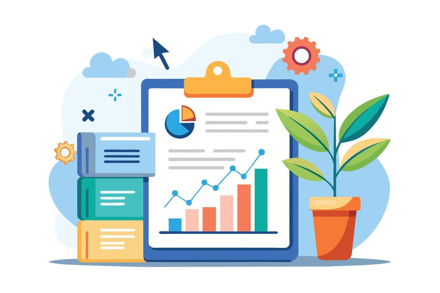 This illustration depicts a clipboard containing a data analysis report with a growth chart, pie chart, and multiple data points. vector
