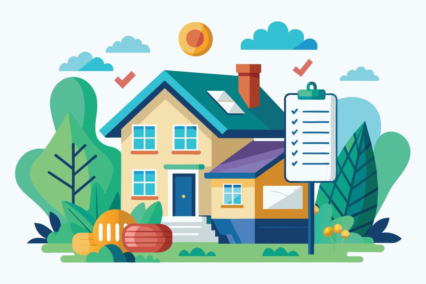 A cartoon illustration of a completed checklist next to a two-story house with a green yard and a sun in the sky. vector