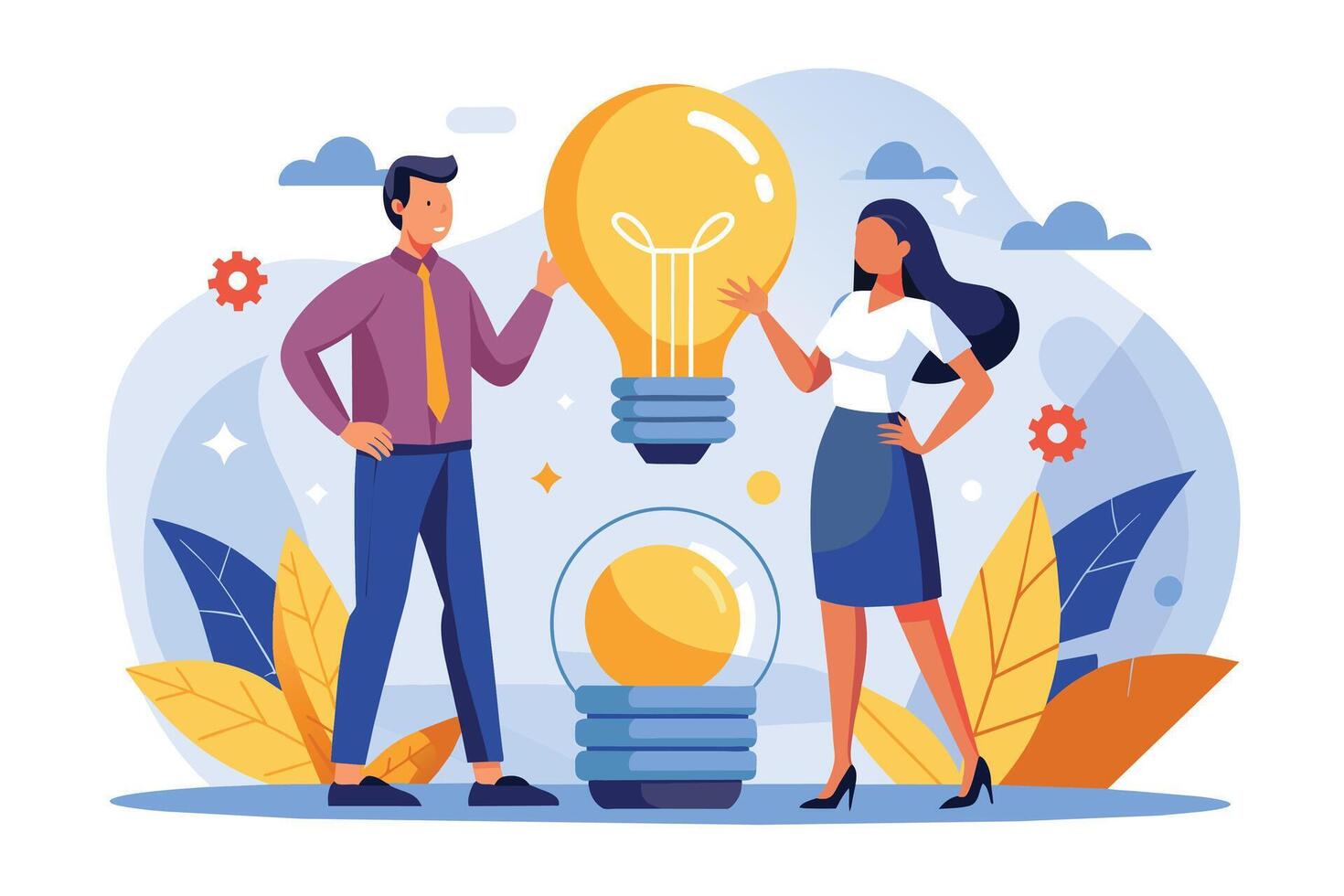 Illustration of two business professionals discussing and developing innovative ideas, represented by lightbulbs, in a collaborative and creative environment. vector