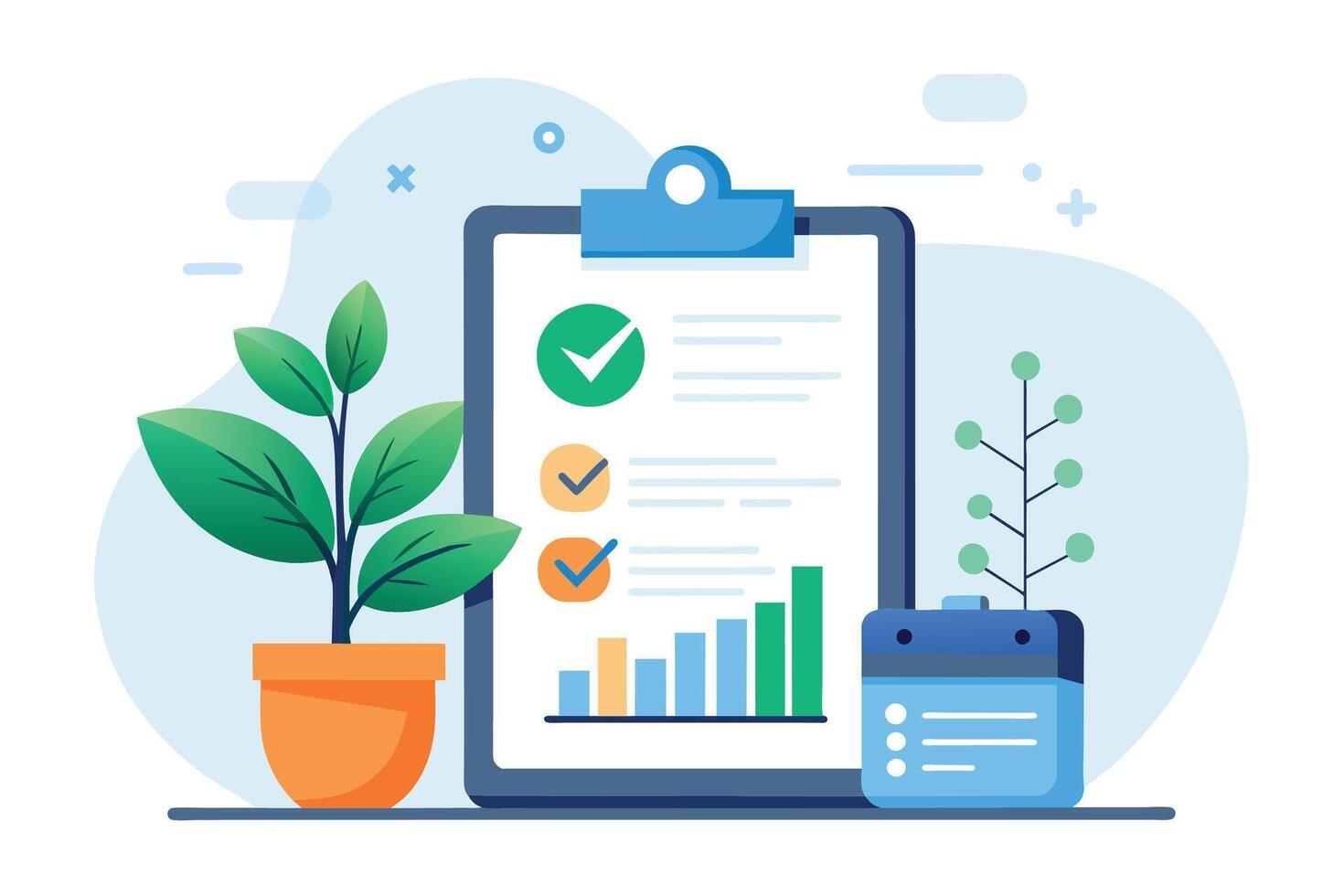An illustration depicting a checklist, a bar graph, and a calendar on a desk with two potted plants. vector