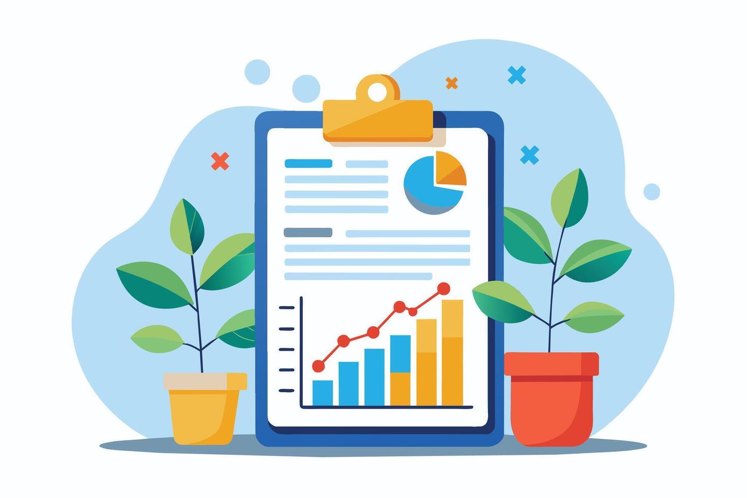 A clipboard with a blue background and a yellow clip. It contains text and charts with graphs of growth and a pie chart. Two plants in pots are situated on either side. vector
