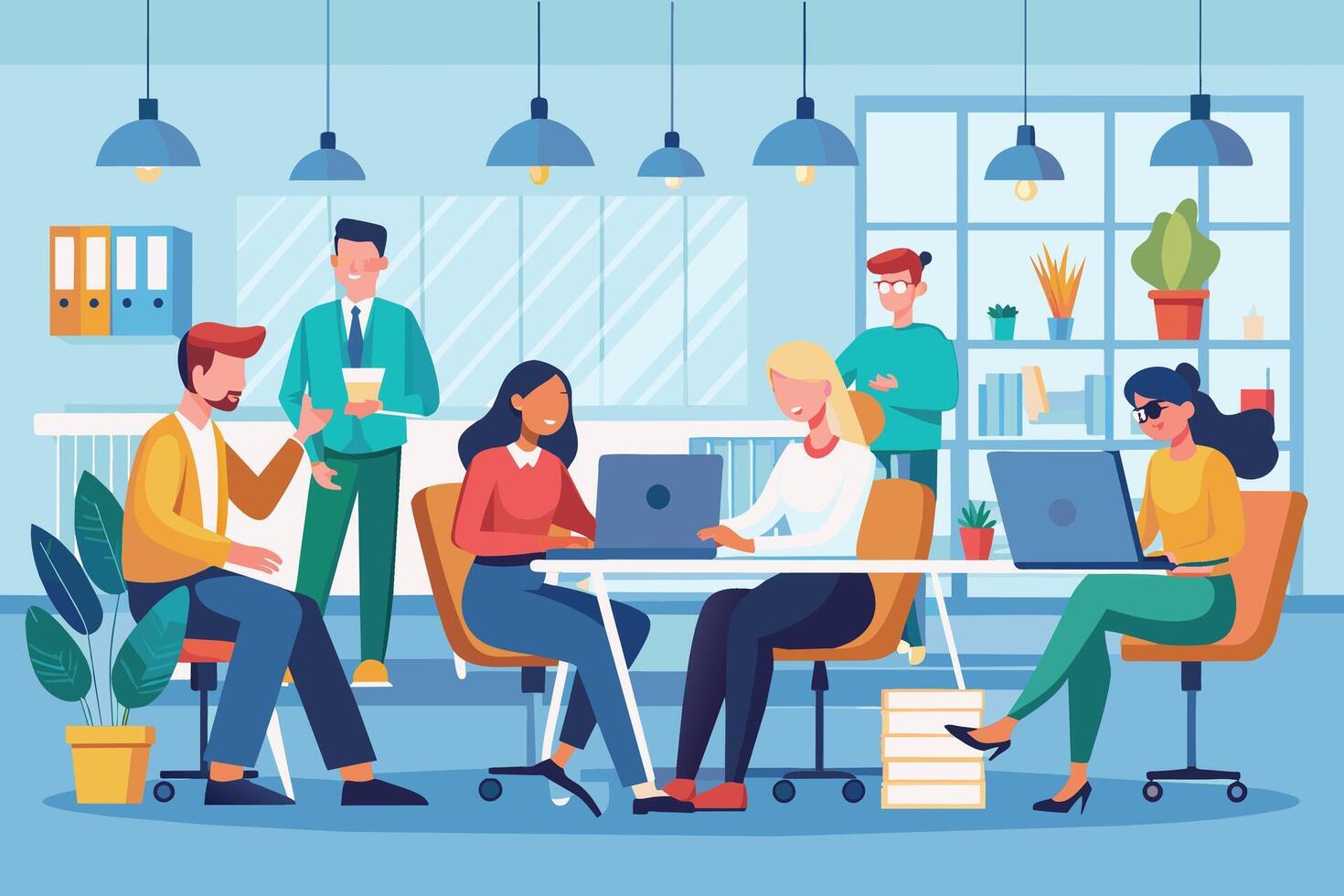 An illustration depicting a group of office workers collaborating on a project during the daytime. They are sitting at a table working on laptops, while one man stands and speaks with a colleague. vector
