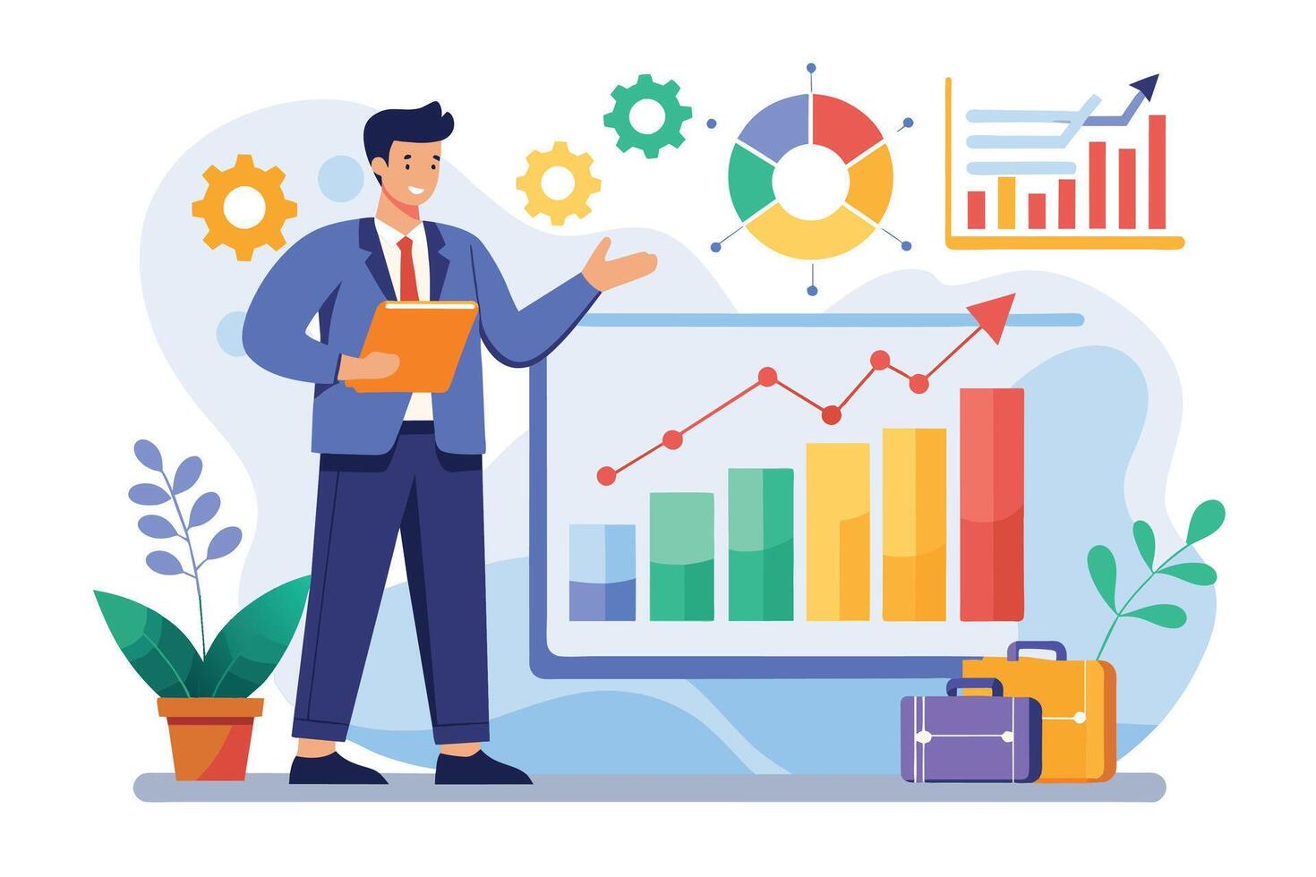 A smiling businessman presents a bar chart with an upward trend line, showcasing positive growth and success. vector