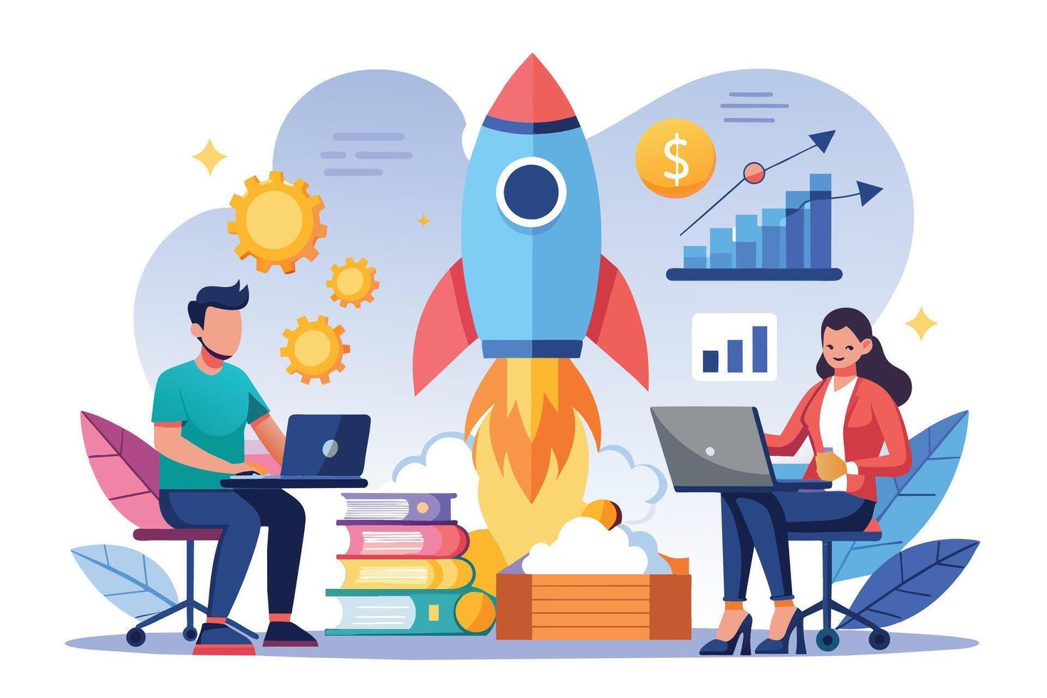 Two business professionals work on their laptops as a rocket launches into the sky, symbolizing their business growth and success. vector