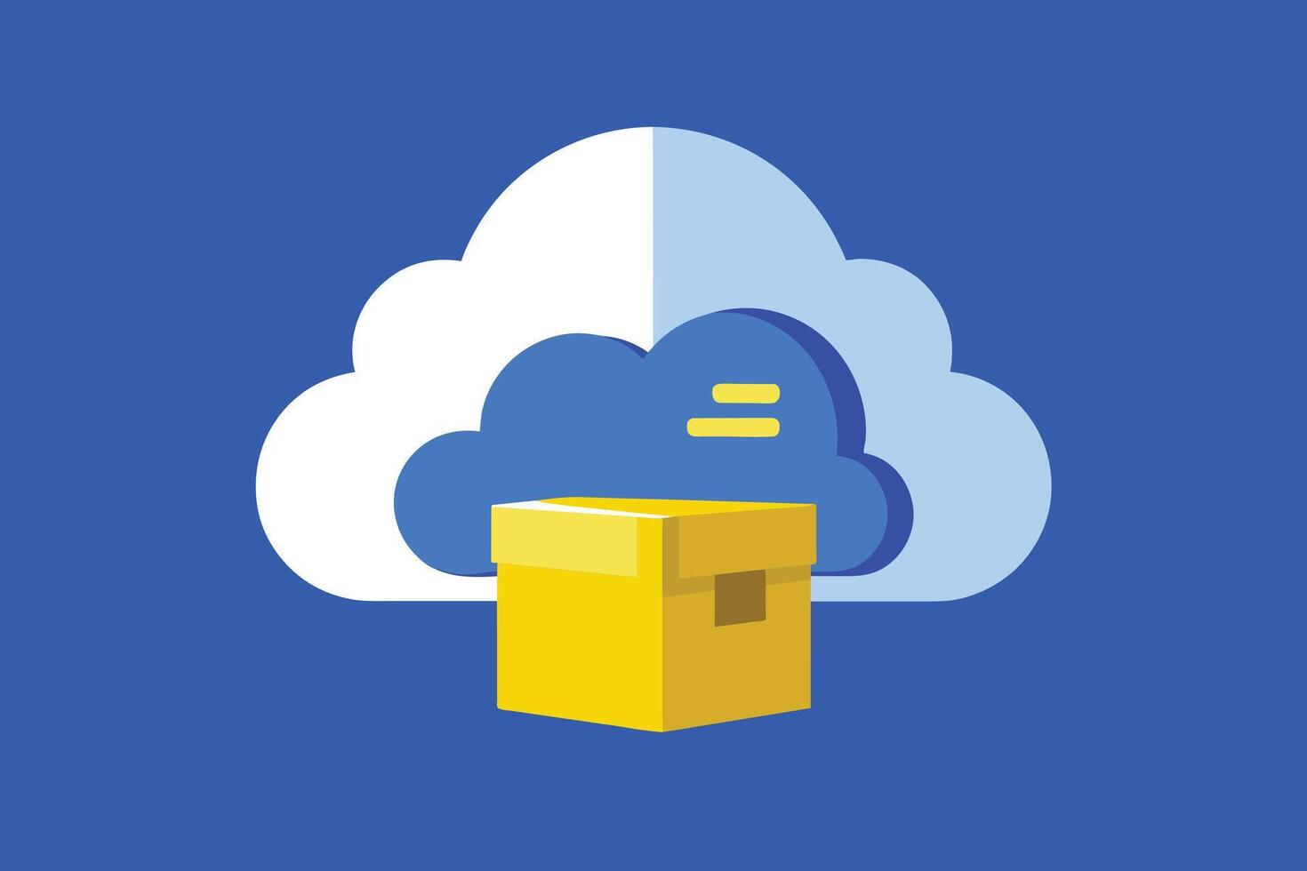 An illustration of a yellow cardboard box sitting under a blue cloud on a blue background. vector
