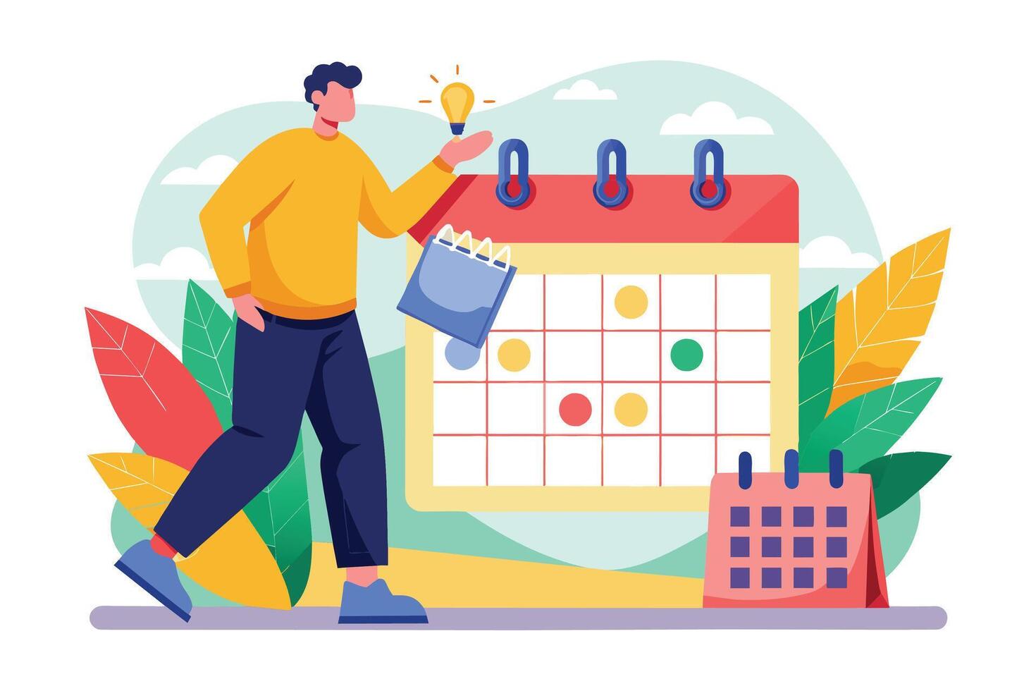 Illustration of a man walking towards a large calendar with a lightbulb above his head, representing a new idea or inspiration. vector
