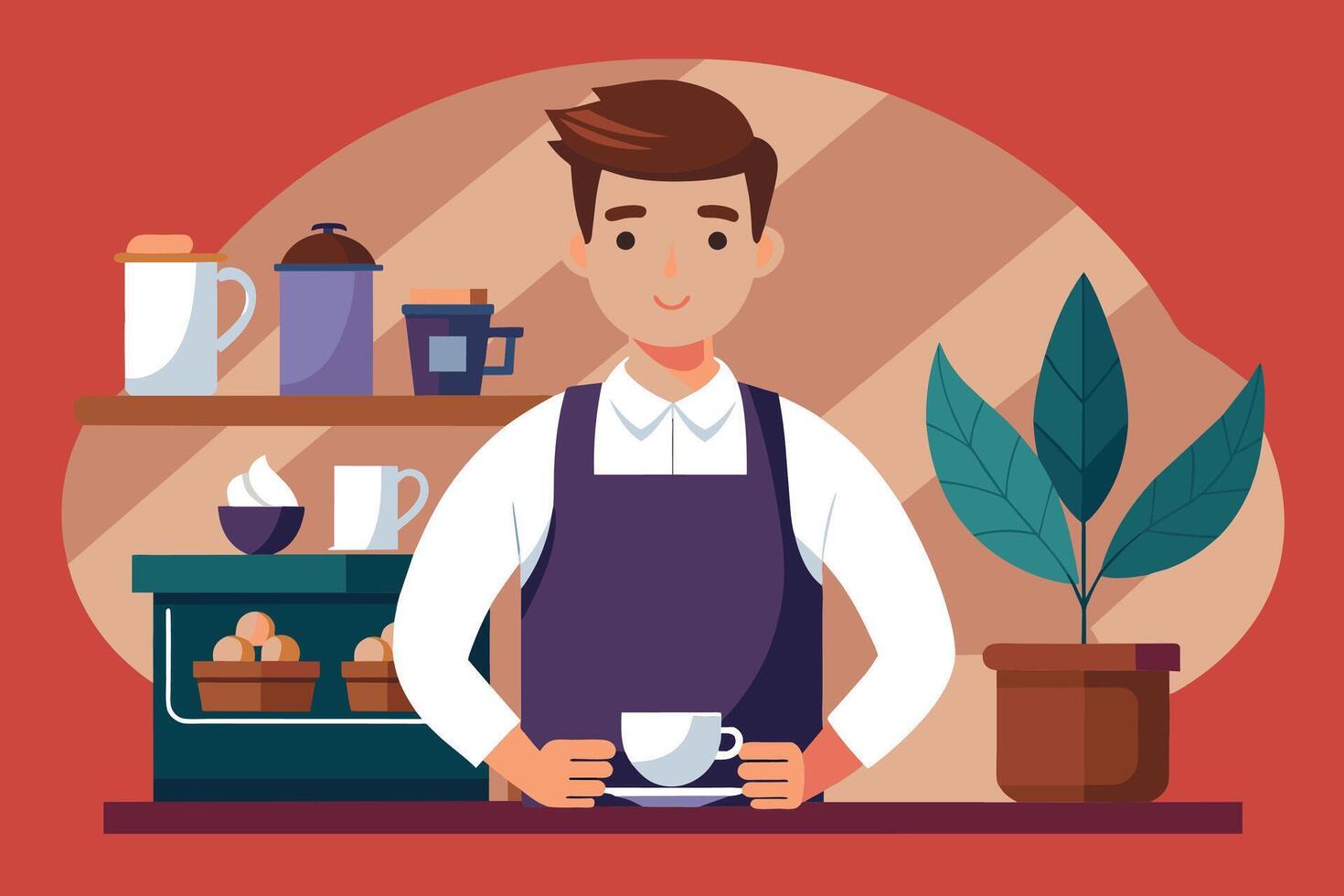 A smiling barista wearing a purple apron serves a cup of coffee to a customer at a cafe counter. vector
