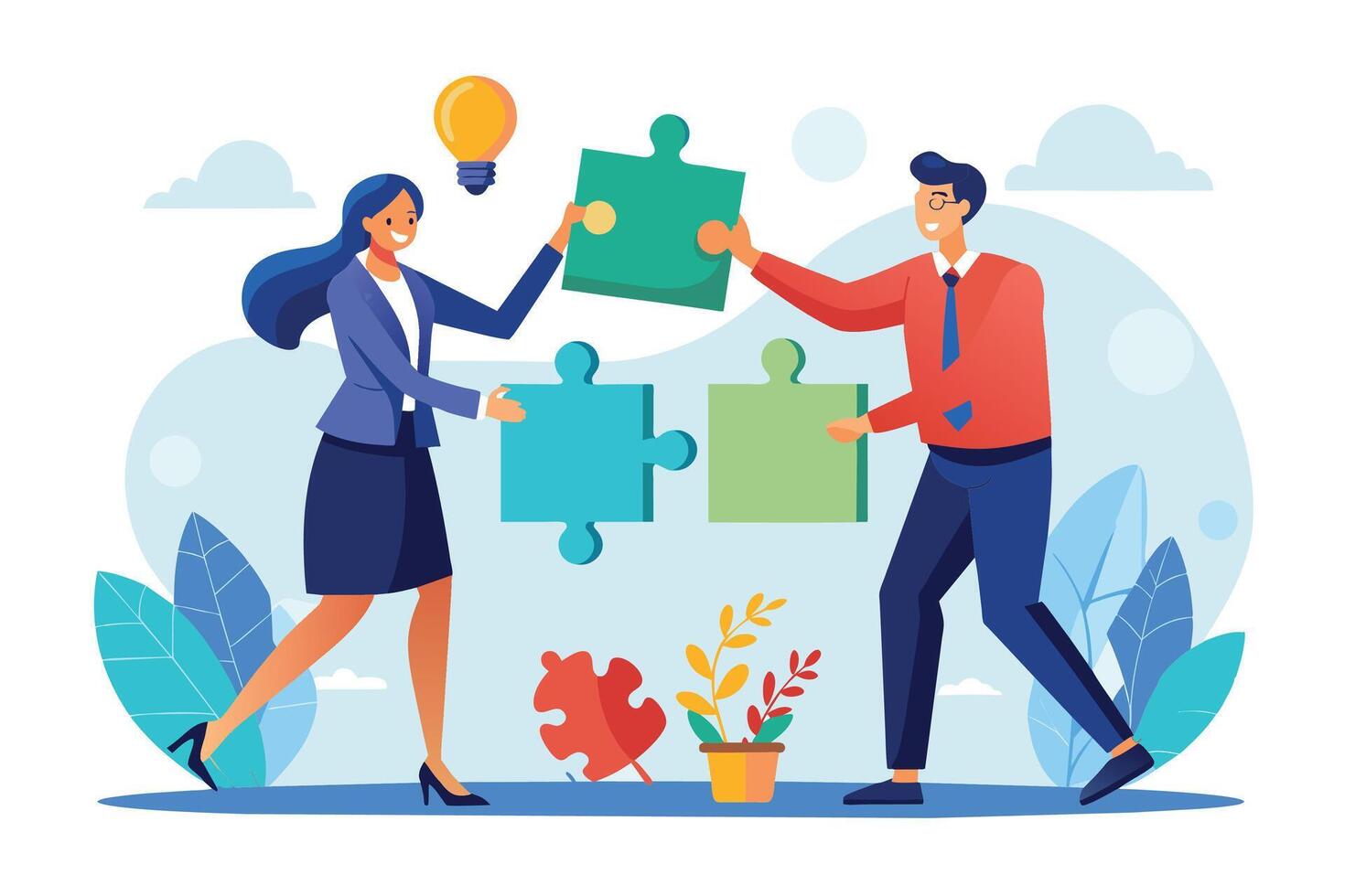 Two business partners are working together to complete a puzzle, with a lightbulb idea above them, symbolizing their collaborative effort and innovative thinking. vector