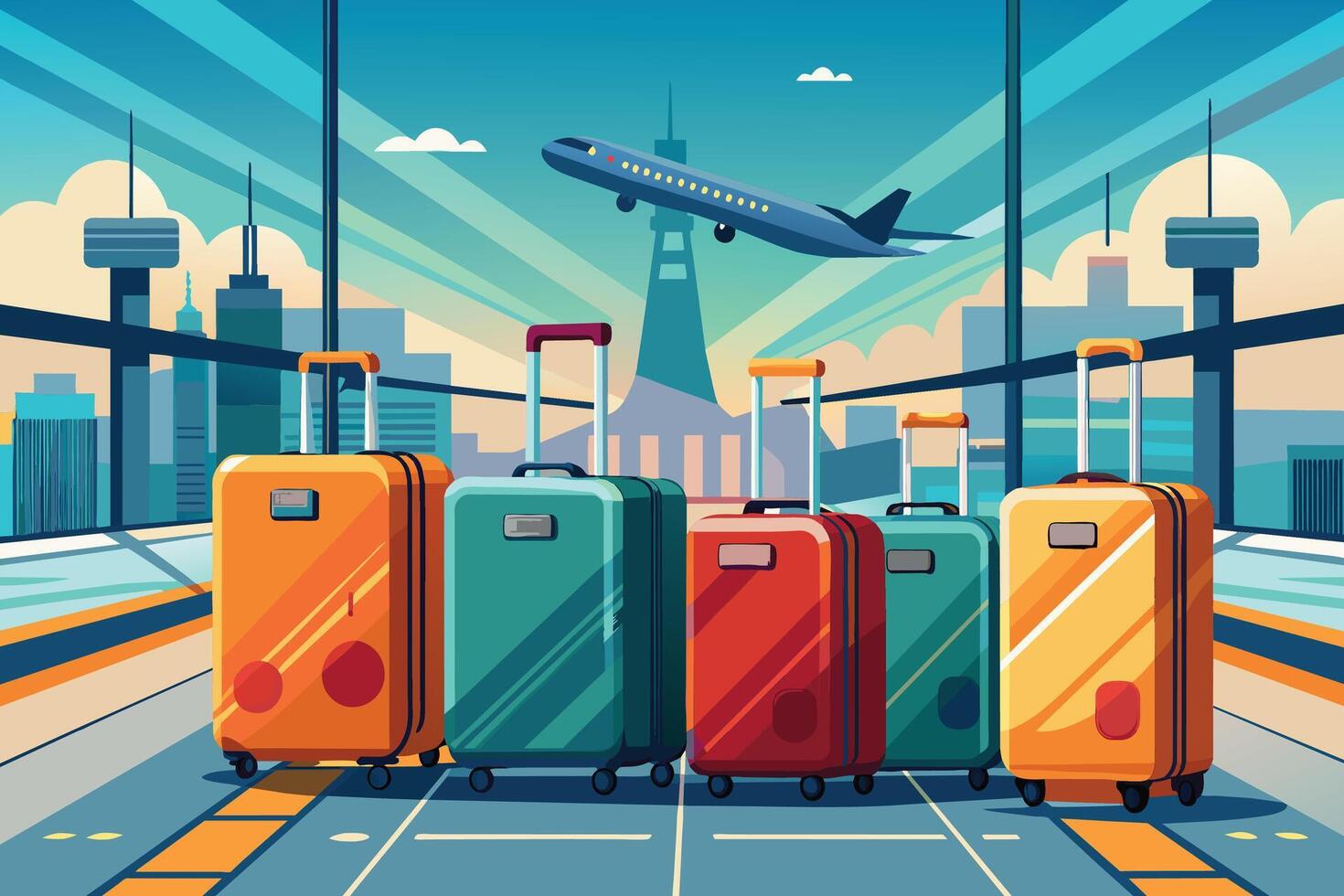 Five suitcases stand in a row at an airport, ready for travel. They are lined up in front of a large window overlooking the city and a plane taking off. vector