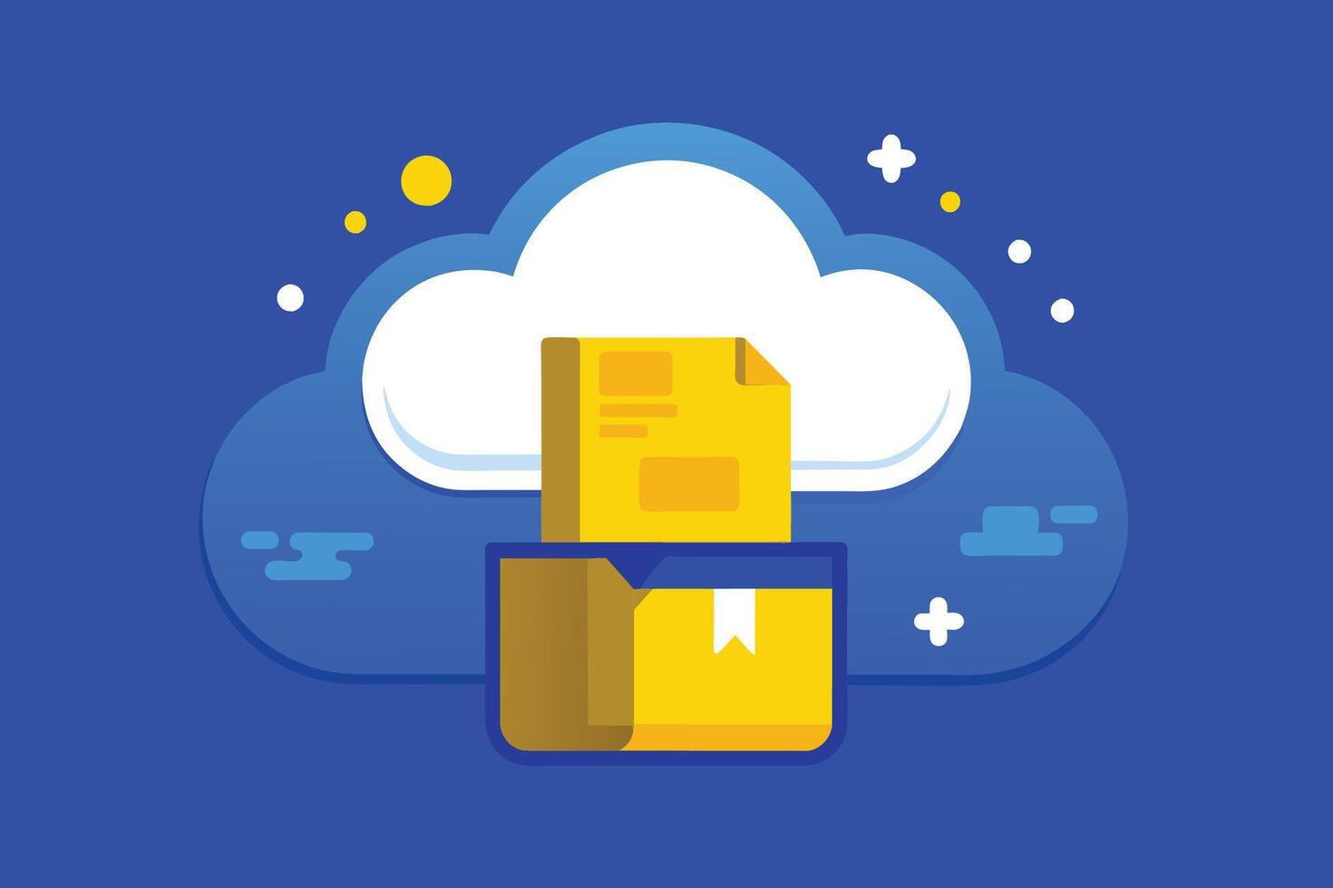 An illustration of a digital document being placed in a cloud folder. The document is yellow with a blue folder icon, and the cloud is white with a blue background. vector