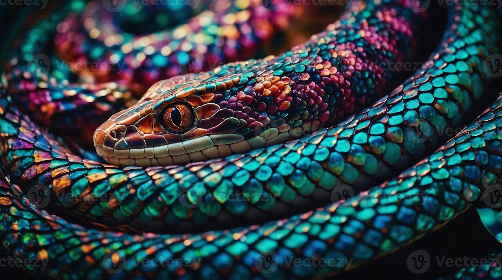 A vibrantly colored snake, its scales gleaming, coils itself with an alert posture. one eye in sharp focus, taking in its surroundings with an almost predatory awareness. photo