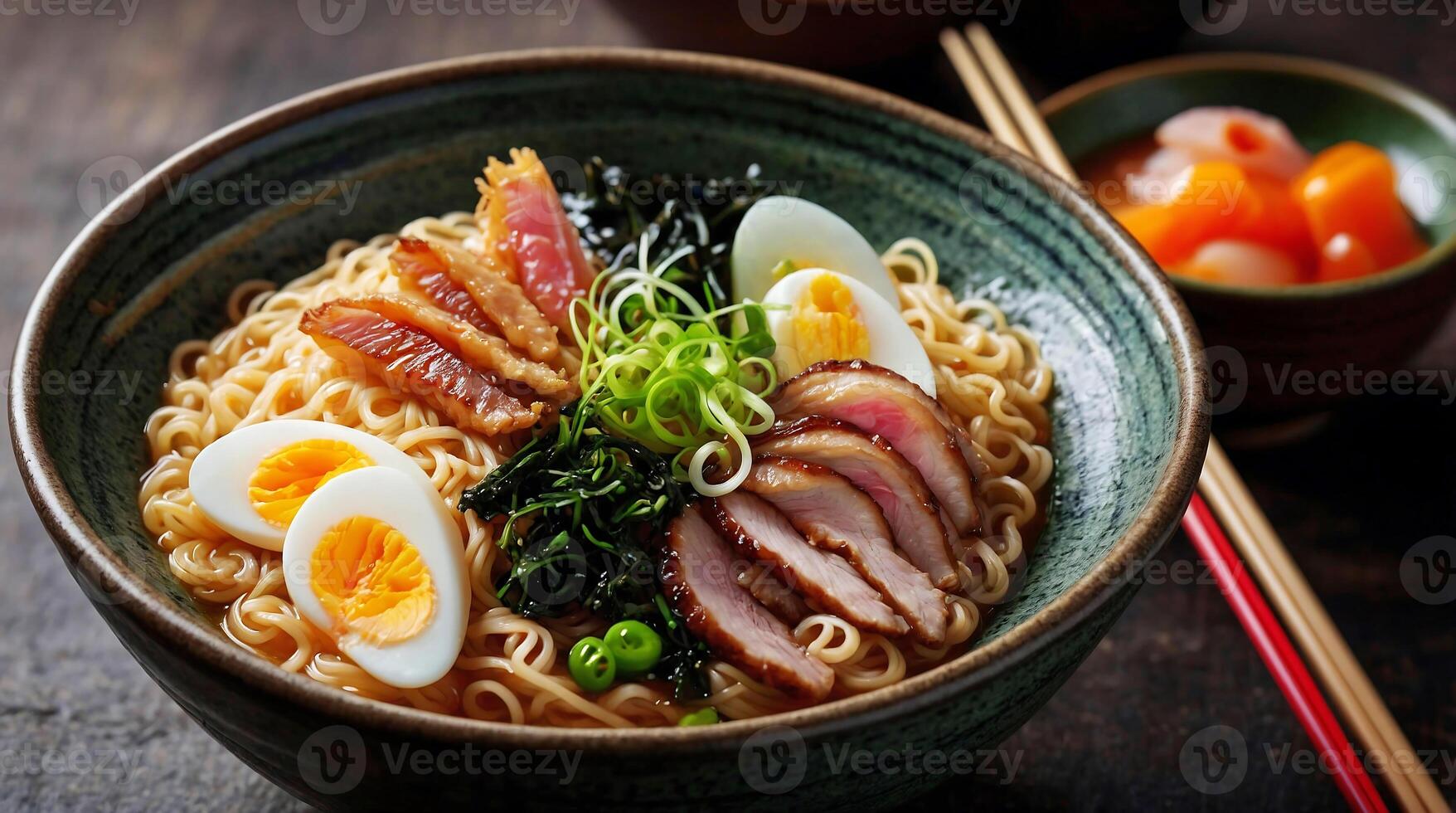 Ramen is a Japanese noodle dish. It consists of Chinese style wheat noodles served in a broth. photo