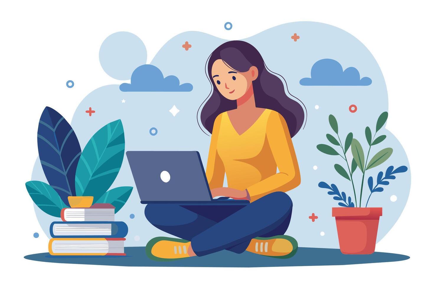 A woman sits cross-legged on the floor, using a laptop. She is surrounded by plants and books, creating a relaxed work environment. vector
