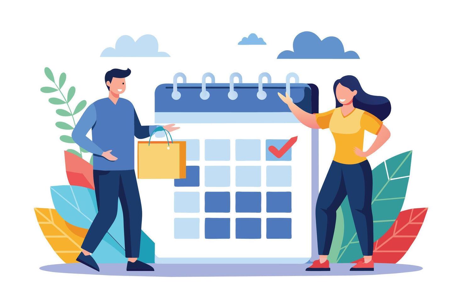 An illustration of a man and woman standing in front of a large calendar with a checkmark on a specific date, signifying a scheduled shopping trip. vector
