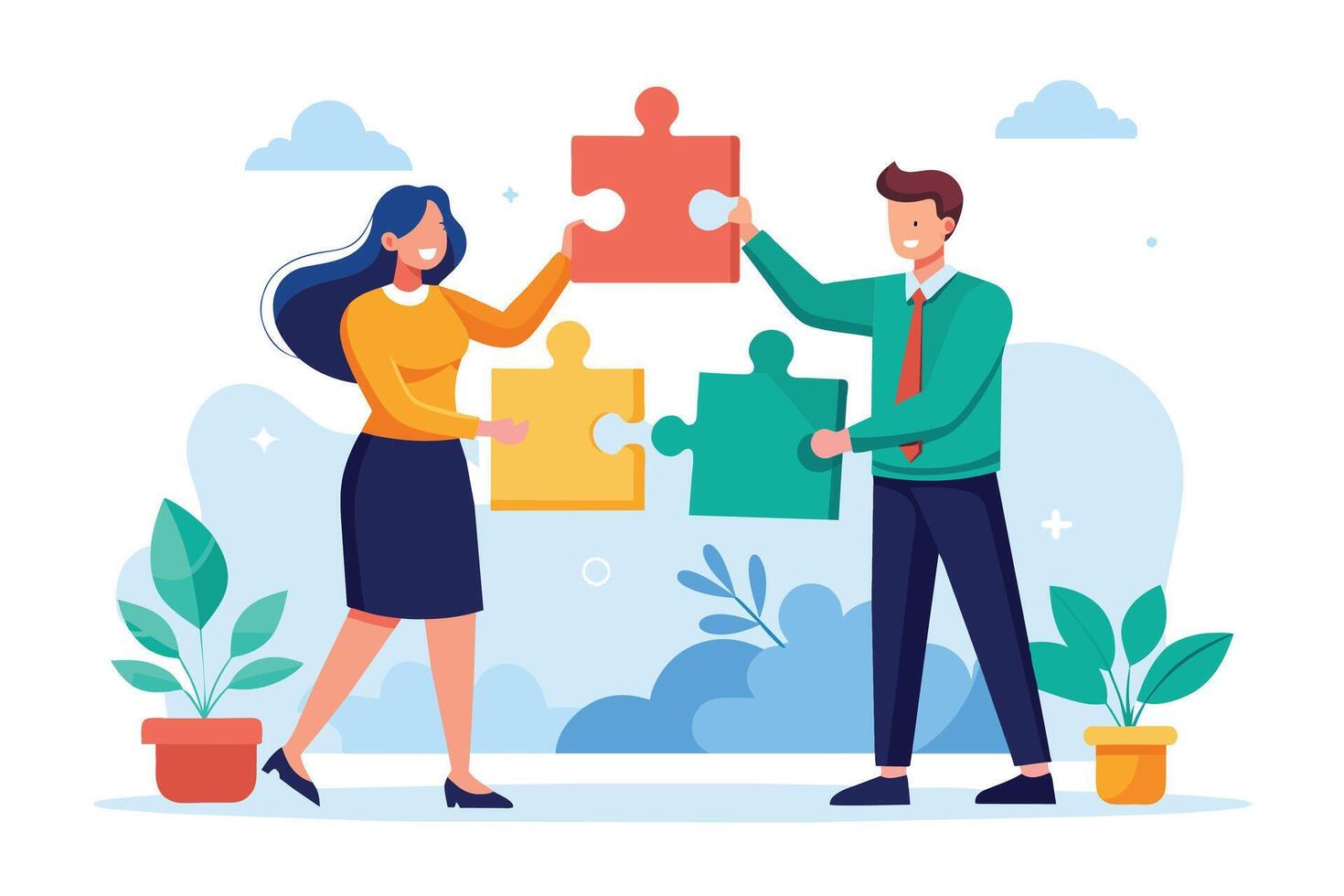 A woman and a man stand side by side, holding colorful puzzle pieces that fit together perfectly. They are smiling and seem happy about their accomplishment. vector