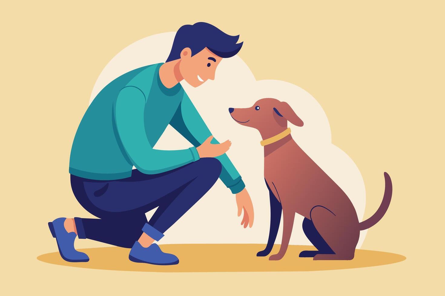 A man in a blue shirt and pants kneels down to pet a brown dog. vector