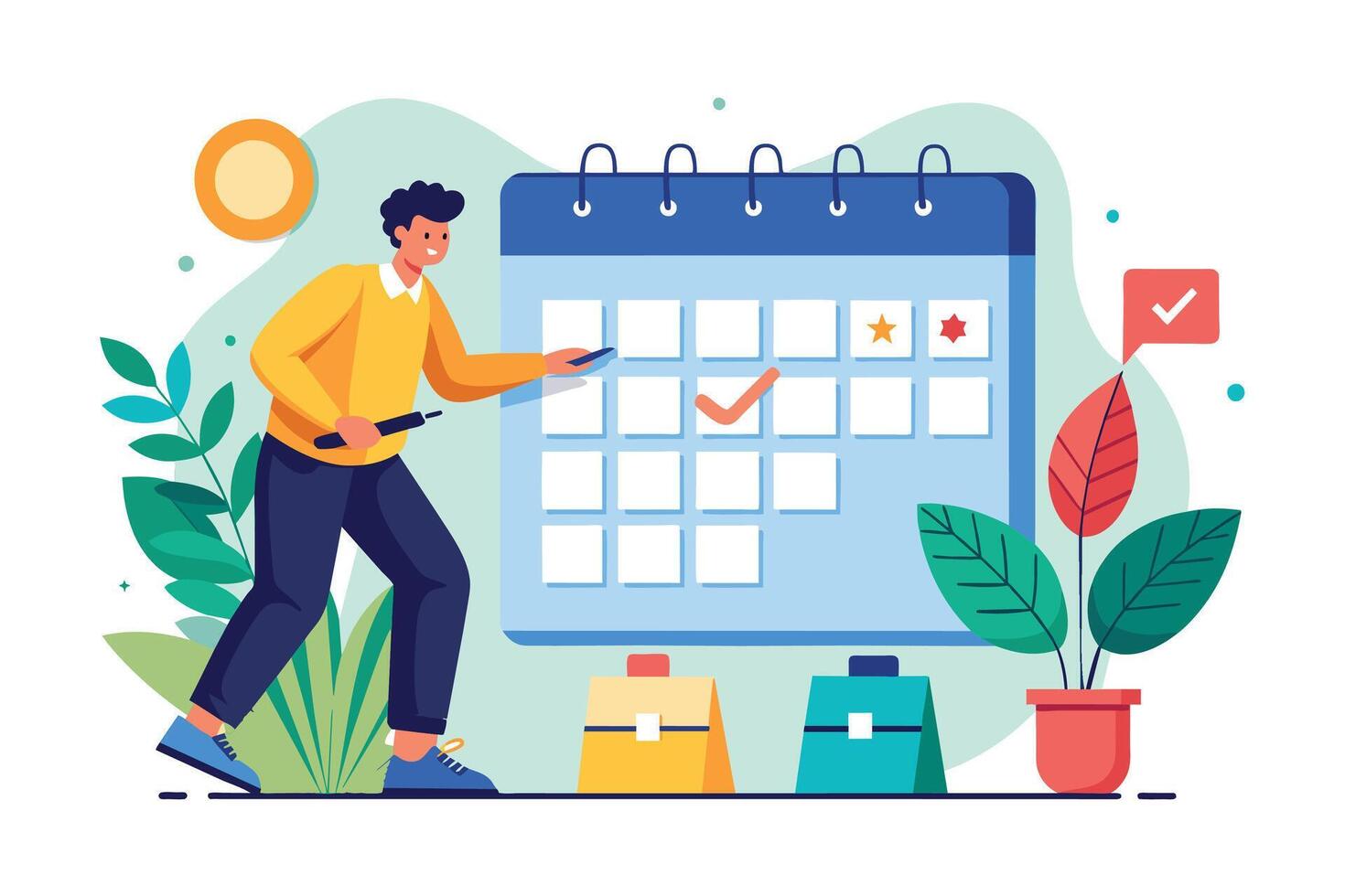 An illustration of a man marking dates on a calendar with a checkmark and star. He is using a marker and standing in front of a large calendar with several dates marked. vector