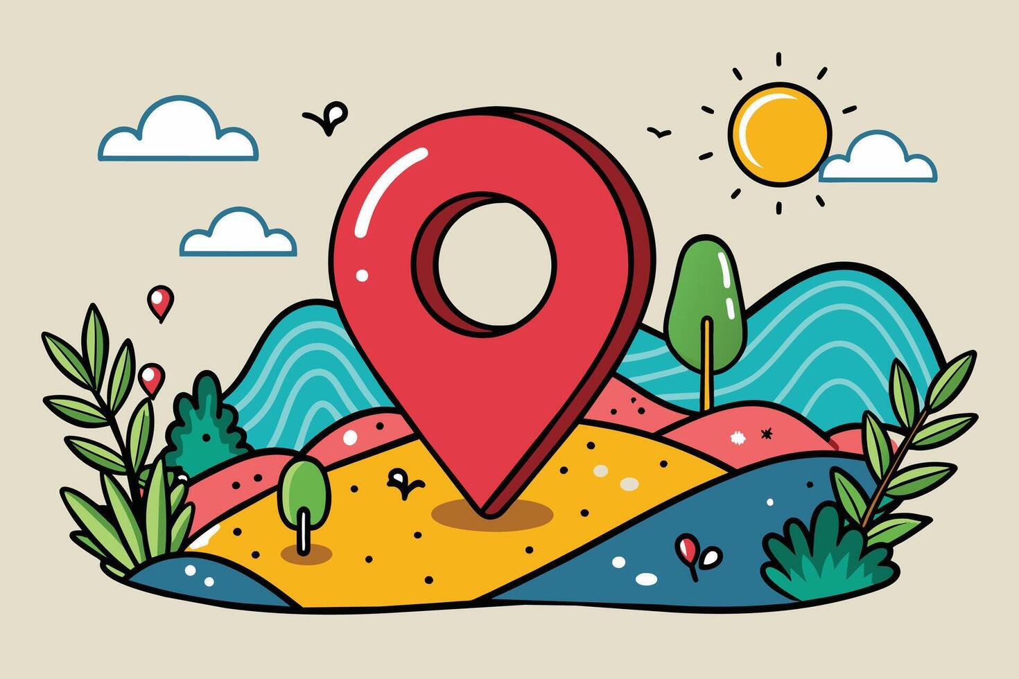 A colorful cartoon illustration depicting a red location pin on a sunny landscape with rolling hills, trees, and clouds. vector