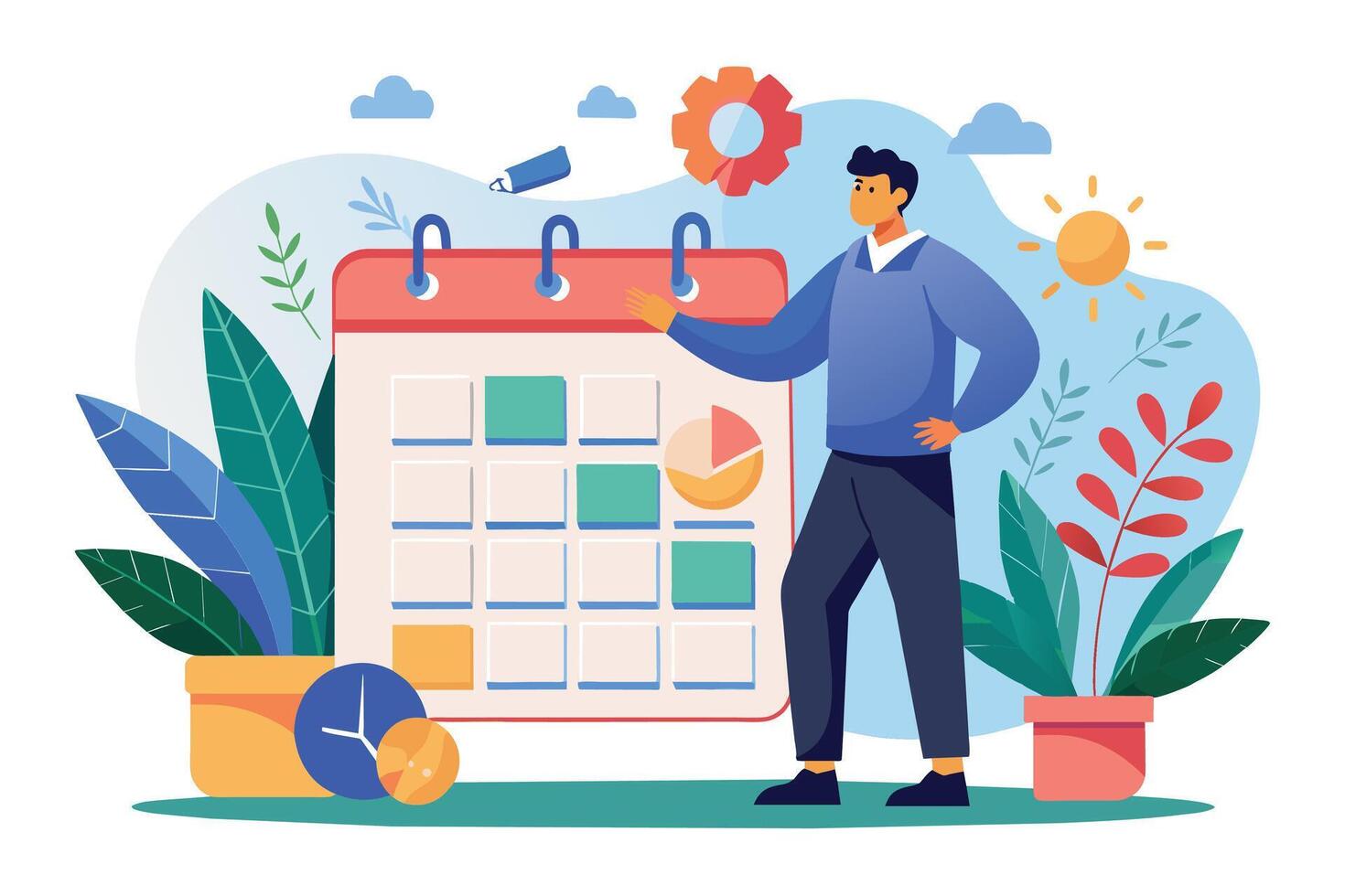 A man points at a calendar with a schedule and pie chart, highlighting the importance of planning and organization. vector
