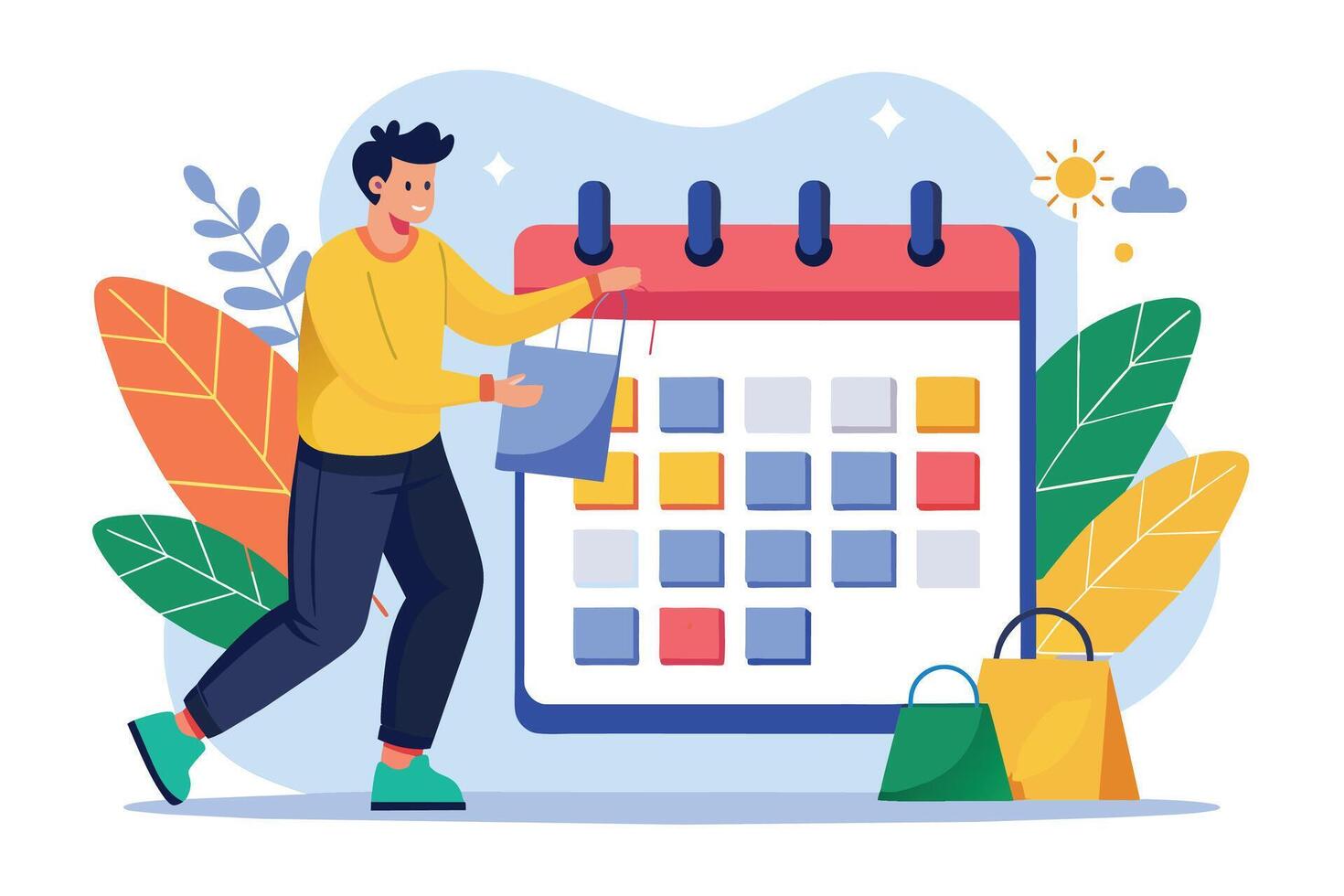 A man is adding a shopping bag to a calendar to remind him of an upcoming event. The calendar has colored squares indicating the dates. vector
