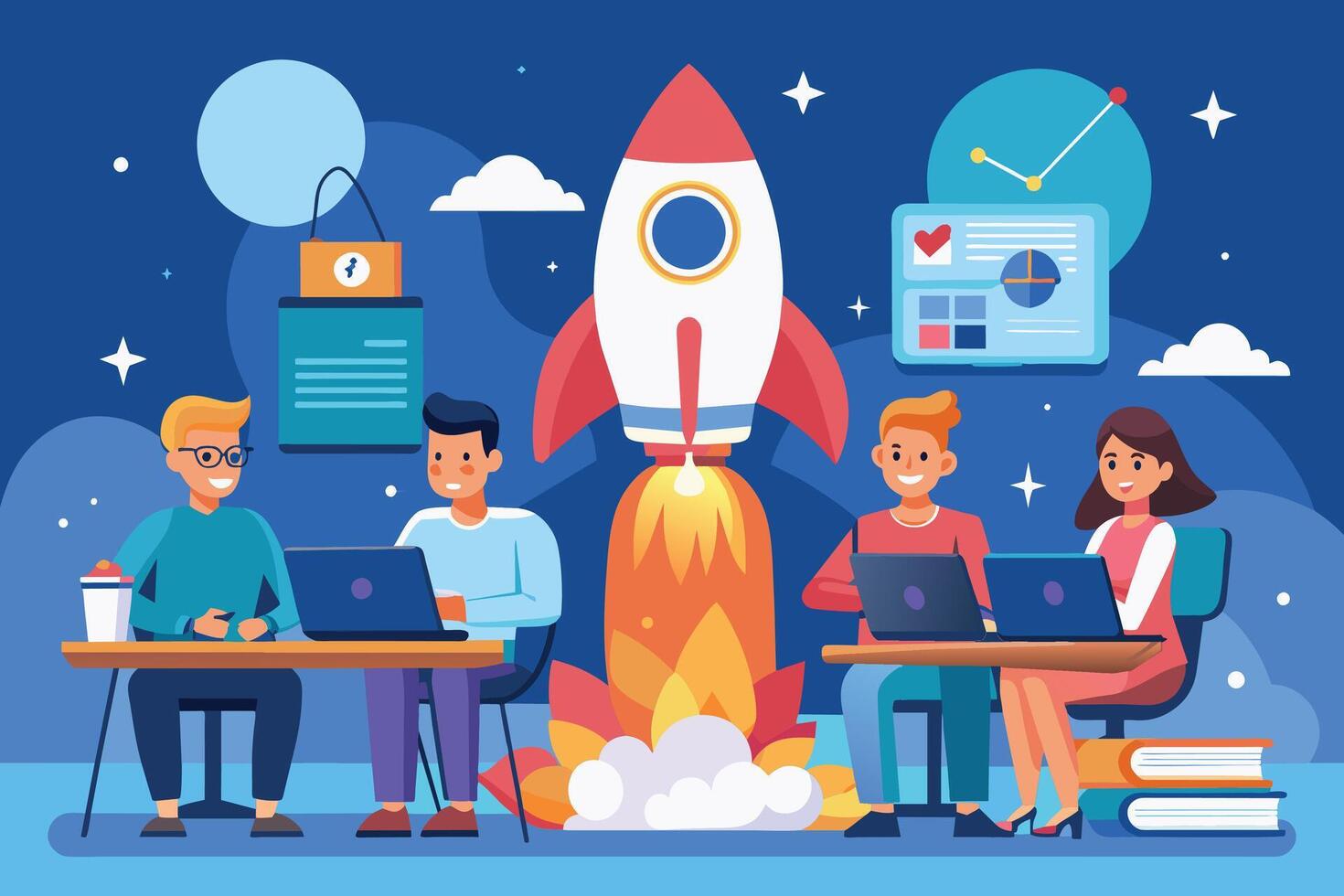 A team of four people work on laptops at their desks with a rocket launching in the background, signifying a successful business venture or a new project. vector