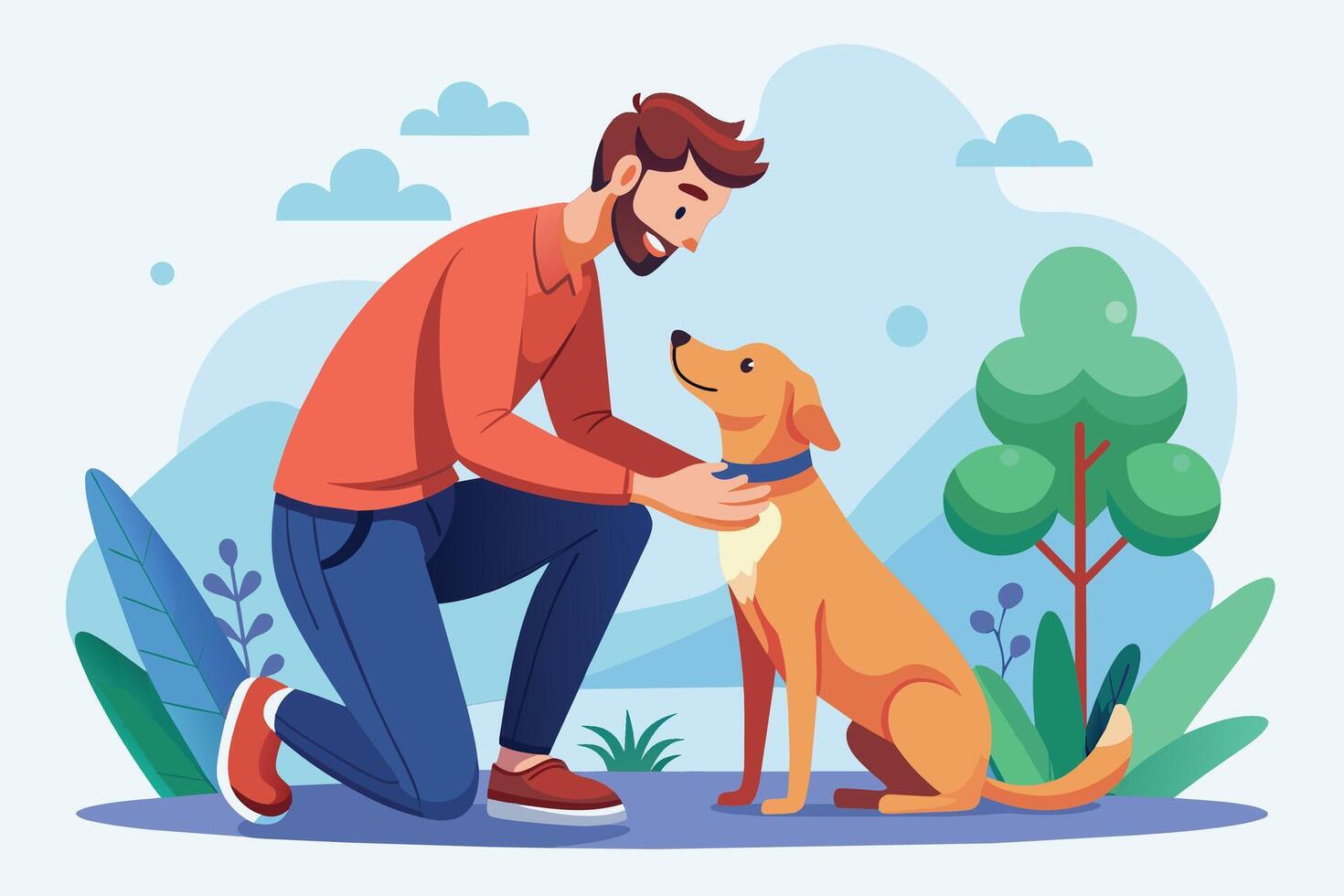 A man is kneeling down to pet a dog in a park. The man is wearing a red shirt and blue jeans. The dog is brown and white and has a blue collar. The park is filled with greenery and clouds. vector
