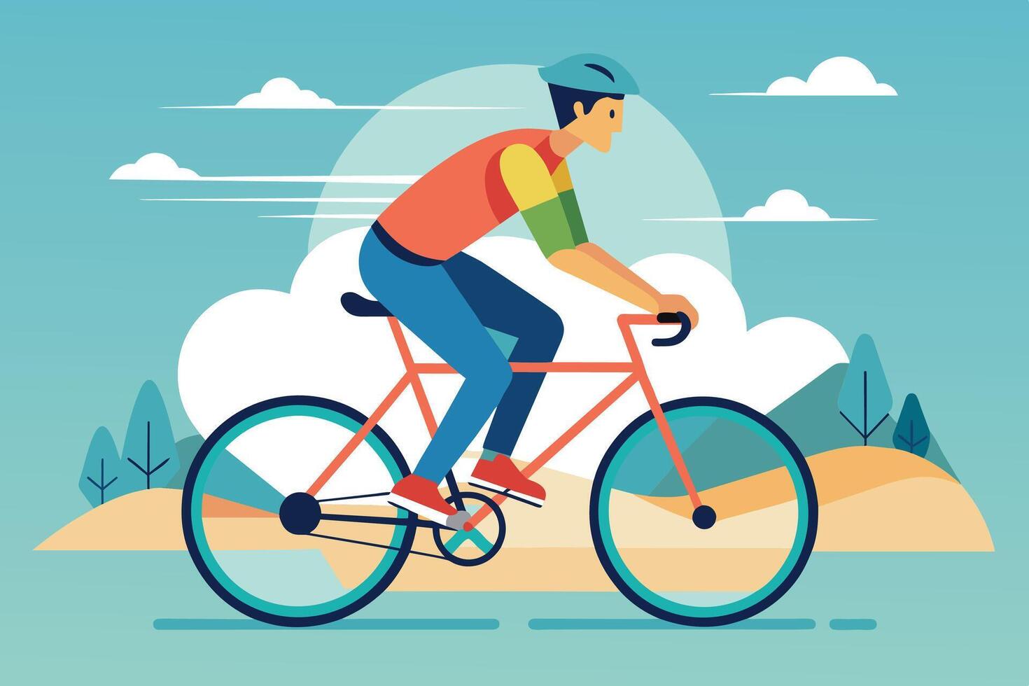 A man in a red shirt and blue jeans is riding a red bicycle with blue wheels in a picturesque countryside landscape. vector