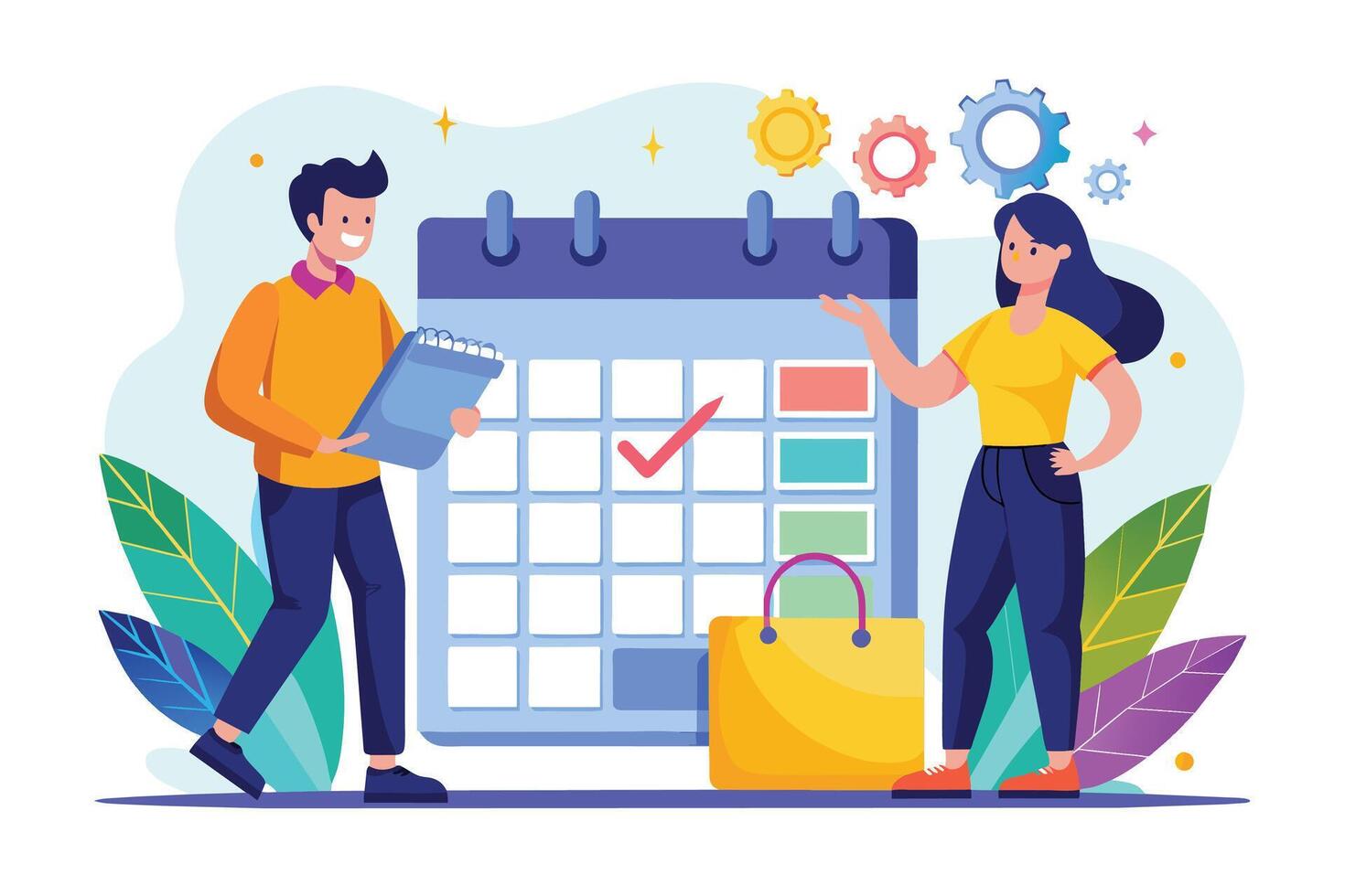 An illustration of a man and a woman collaborating on a task. The woman points to a calendar with a check mark and a shopping bag, while the man holds a notepad. vector