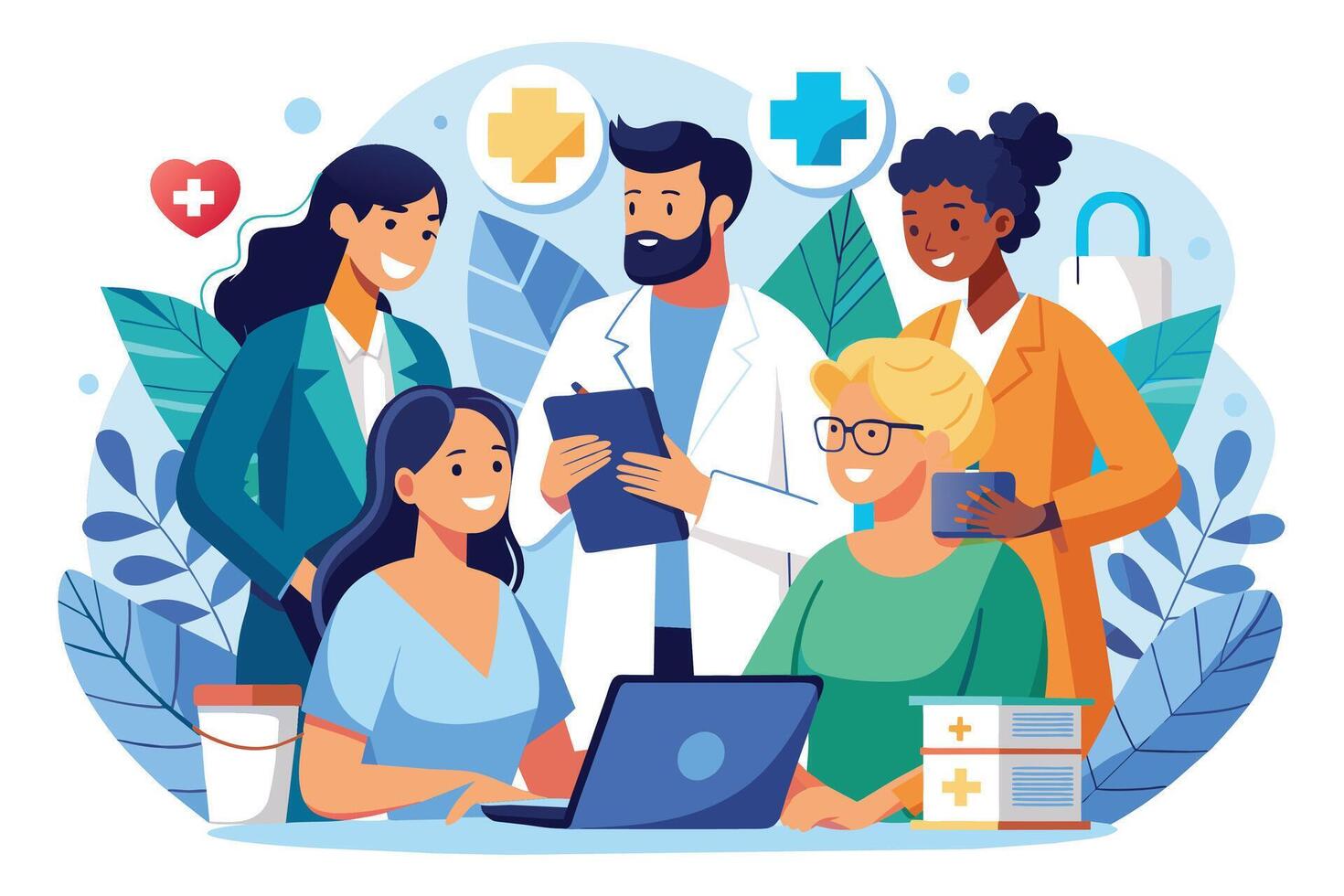 A diverse team of healthcare professionals, including a doctor, nurses, and other staff, are working together on a laptop. They are smiling and seem to be collaborating on a project. vector