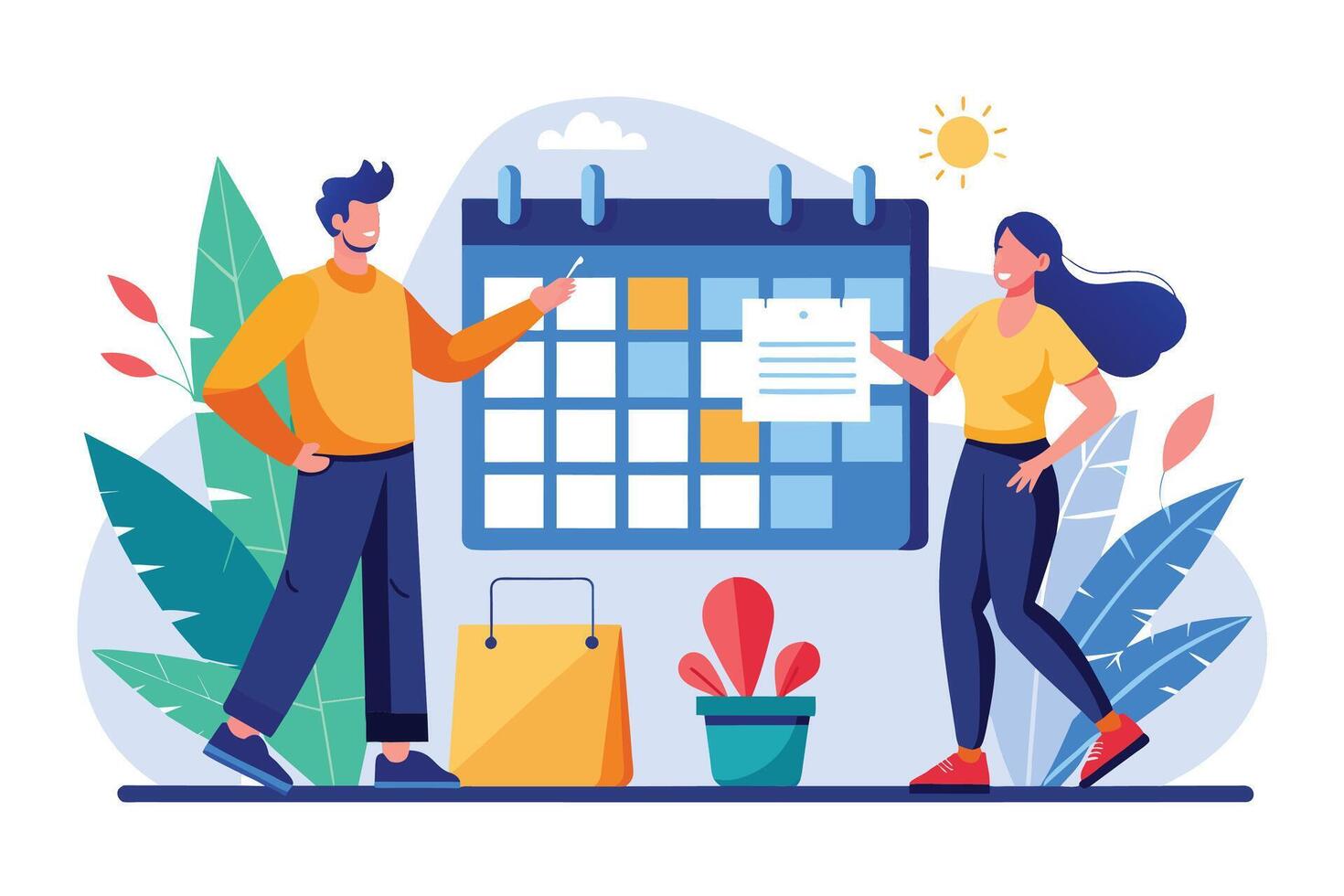 An illustration of two people, a man and a woman, standing next to a large calendar and planning their schedule. They are using sticky notes and a to-do list to keep track of their plans. vector