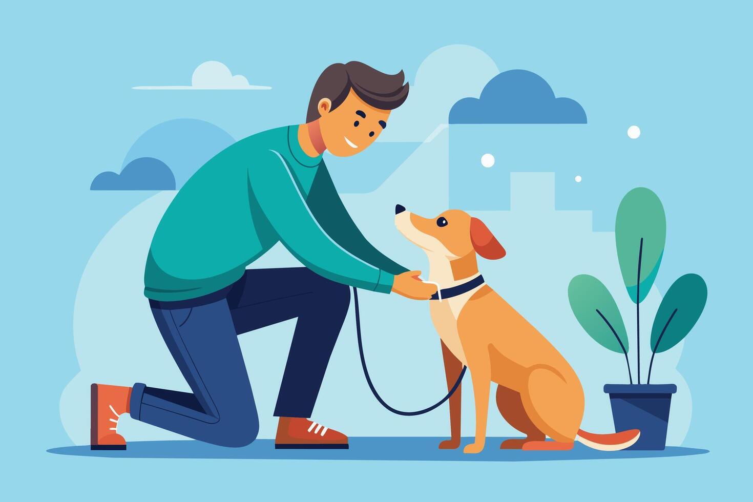 A man is kneeling down to put a leash on his dog outdoors. The man is wearing a green sweater and blue jeans. The dog is brown and white and is sitting down. vector