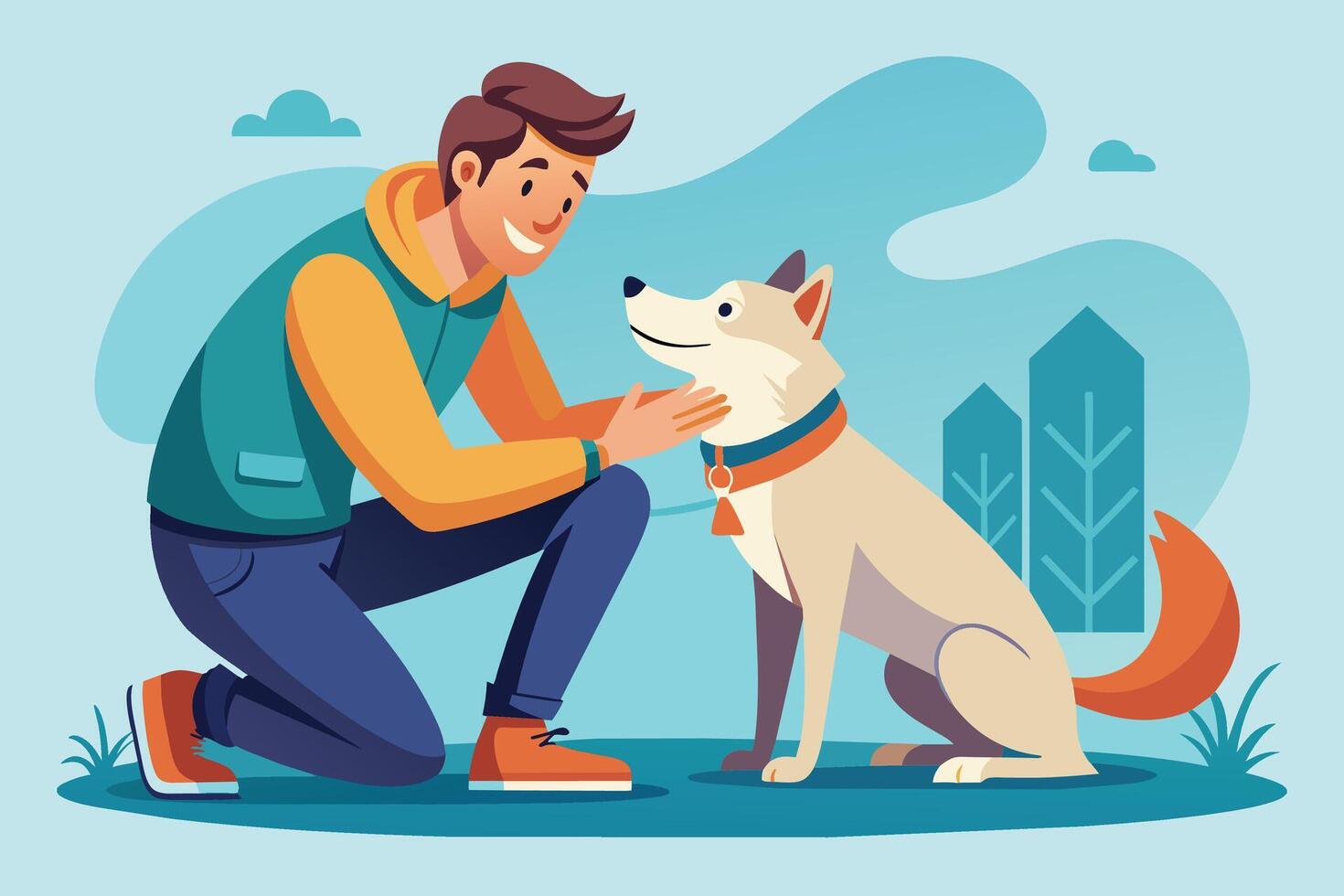 A cartoon illustration of a man kneeling down and petting his dog while outdoors in a park. vector