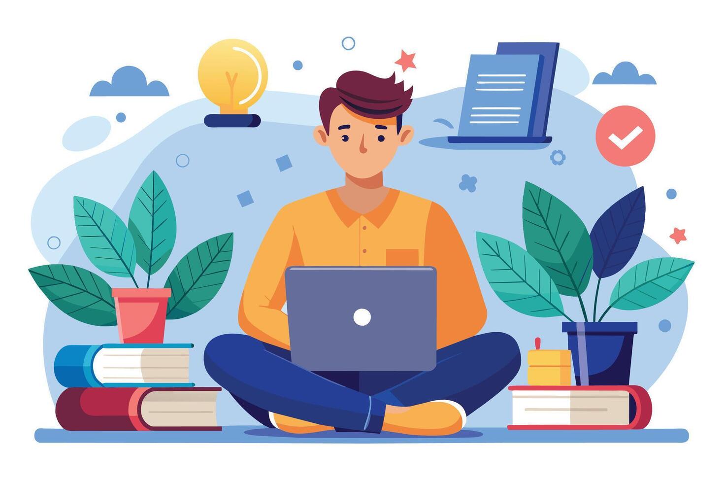 A man sits cross-legged on the floor, working on a laptop. He has books, a plant, and a light bulb above him, suggesting he is studying or working creatively from home. vector