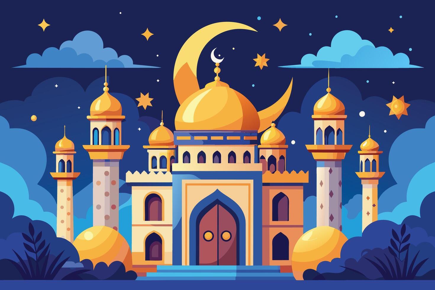 A colorful illustration of a mosque at night with a crescent moon and stars in the sky. The mosque is surrounded by trees and bushes, and the sky is a deep blue color. vector