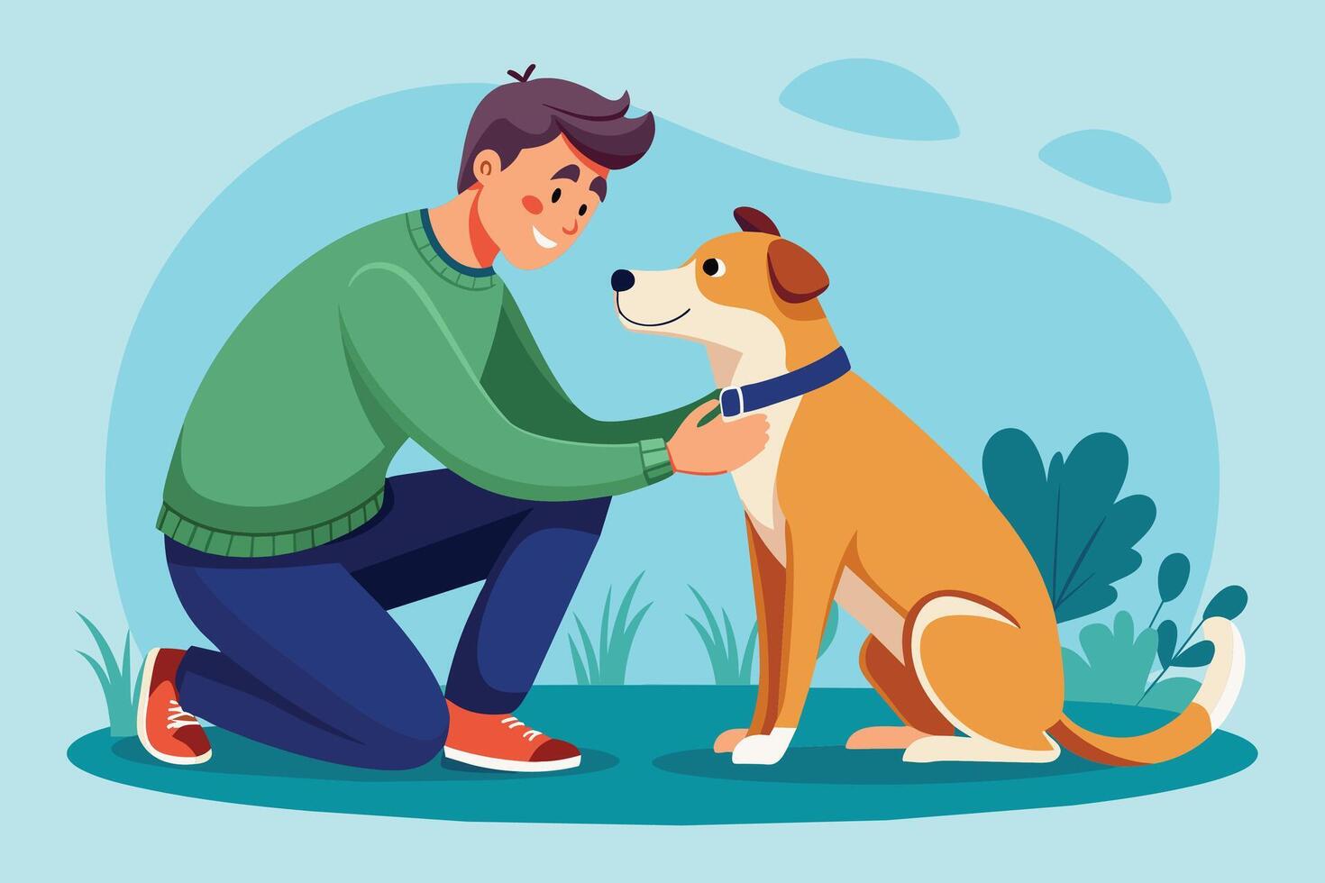A man kneels down to pet his dog in a park, surrounded by green grass and bushes, with a blue sky in the background. vector