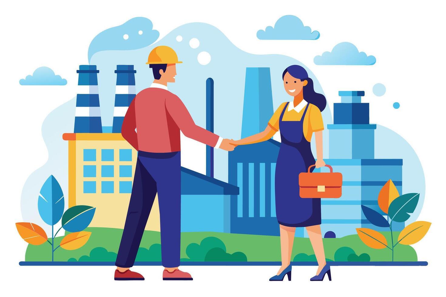 Illustration of a man in a hard hat and a woman in a business suit shaking hands in front of a factory. vector