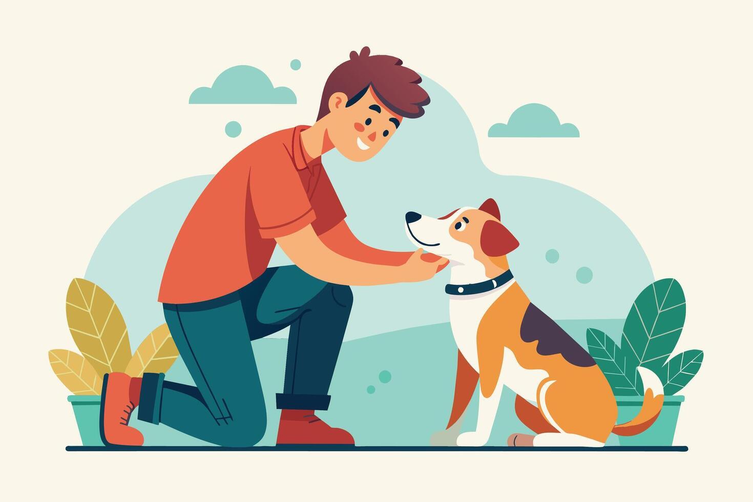 A man kneels down and pets a dog, smiling. The dog looks happy and is wearing a collar. They are both outside on a sunny day with plants and clouds in the background. vector