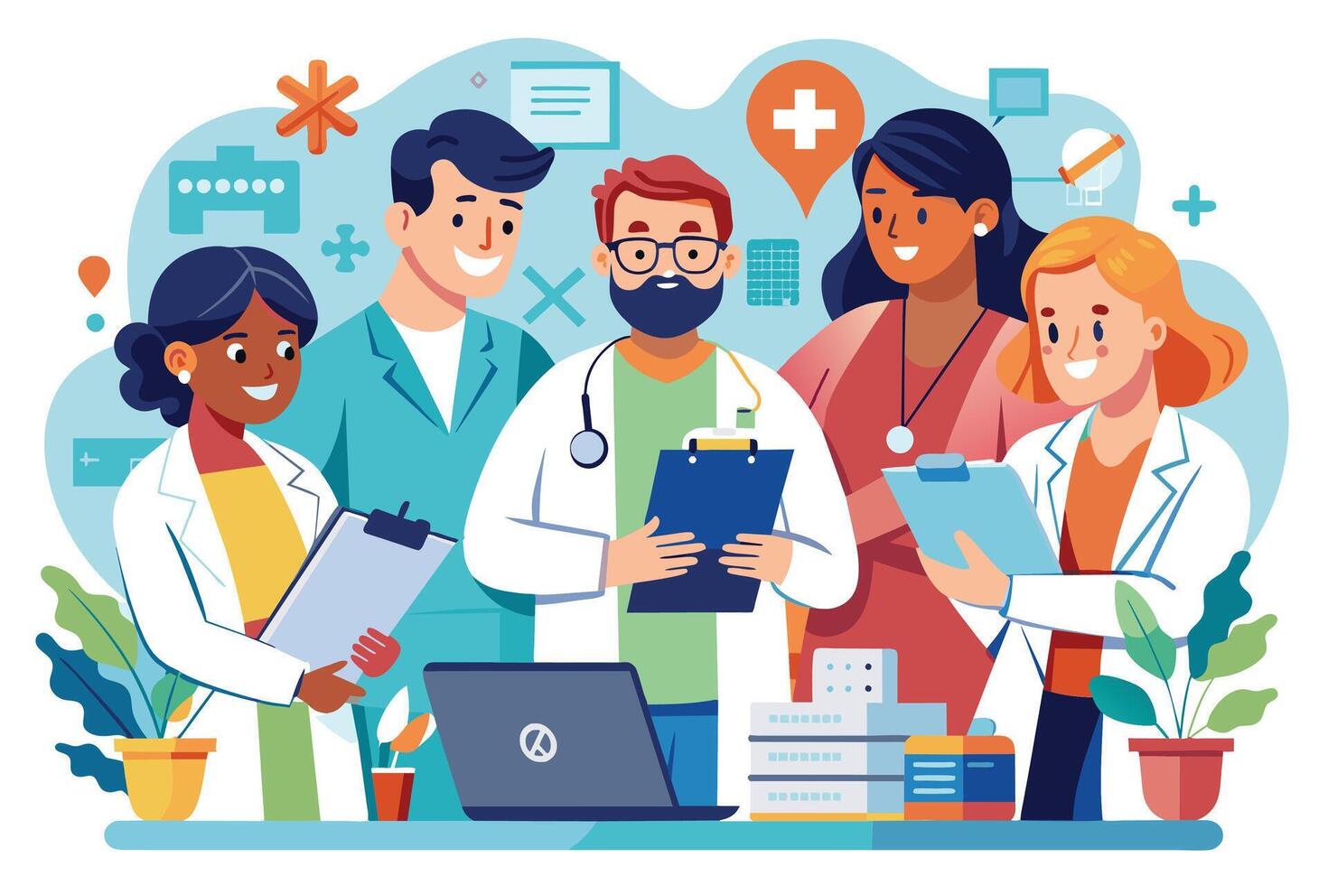 A group of smiling doctors and nurses stand together in a hospital setting, representing collaboration and teamwork in healthcare. vector
