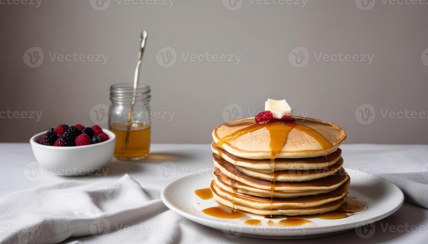 A stack of pancakes with a dollop of butter and syrup on top photo
