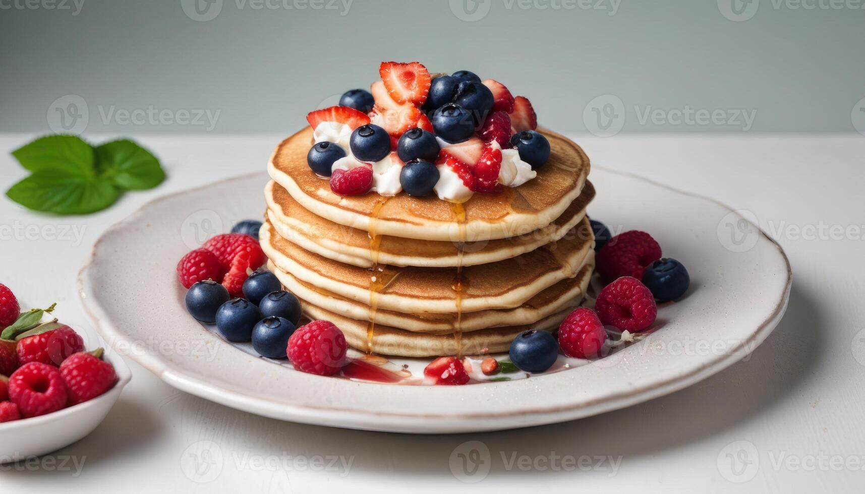 A stack of pancakes with blueberries and strawberries on top photo