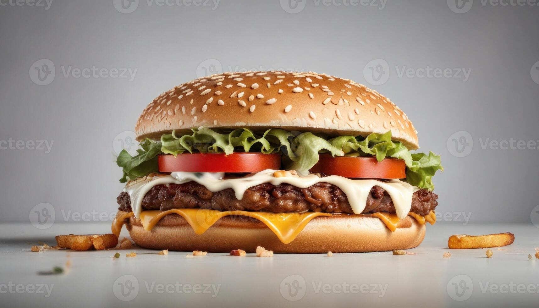 A hamburger with lettuce, tomato, and cheese on a bun photo