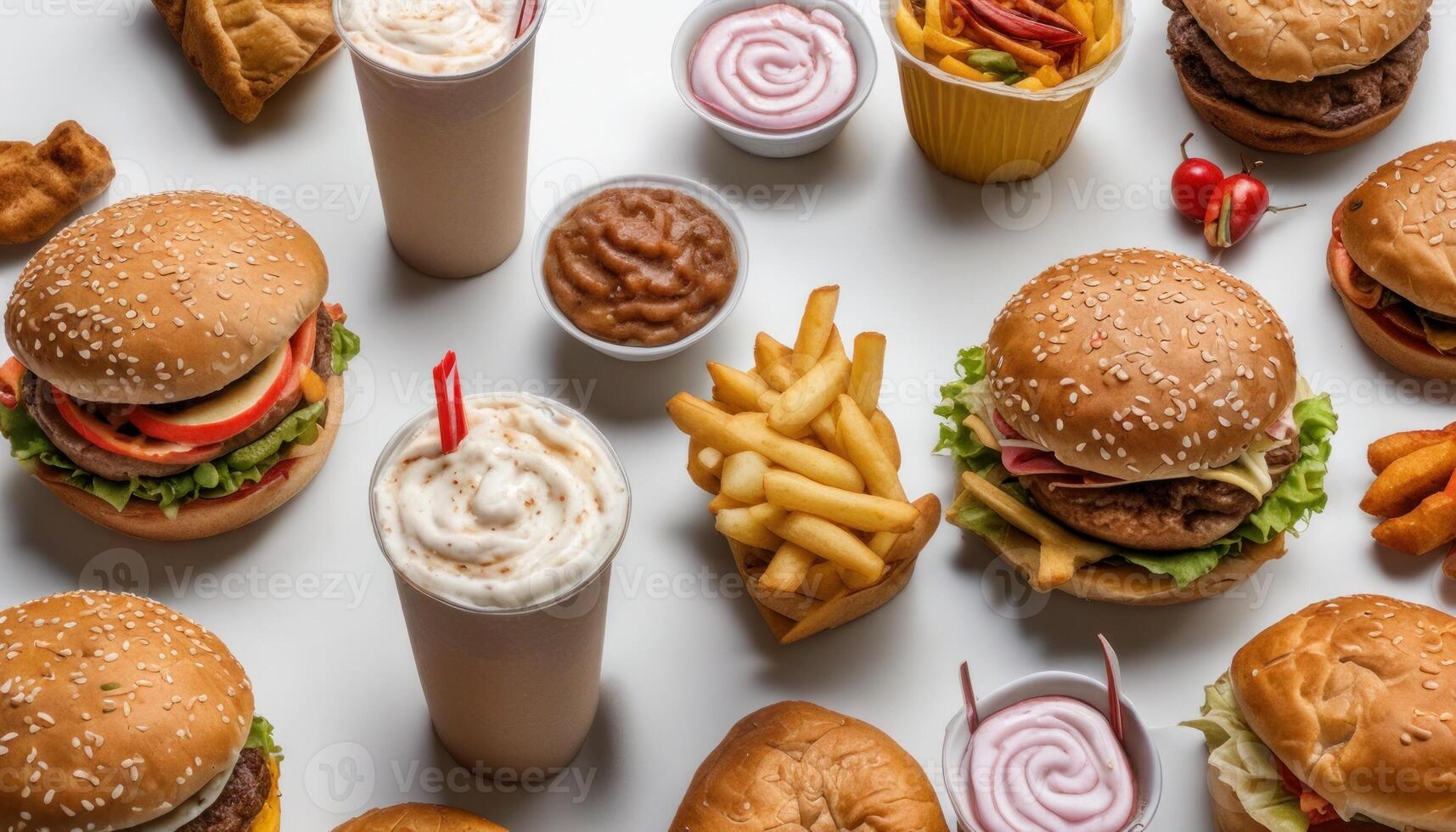 A table full of food and drinks, including hamburgers, fries, and milkshakes photo