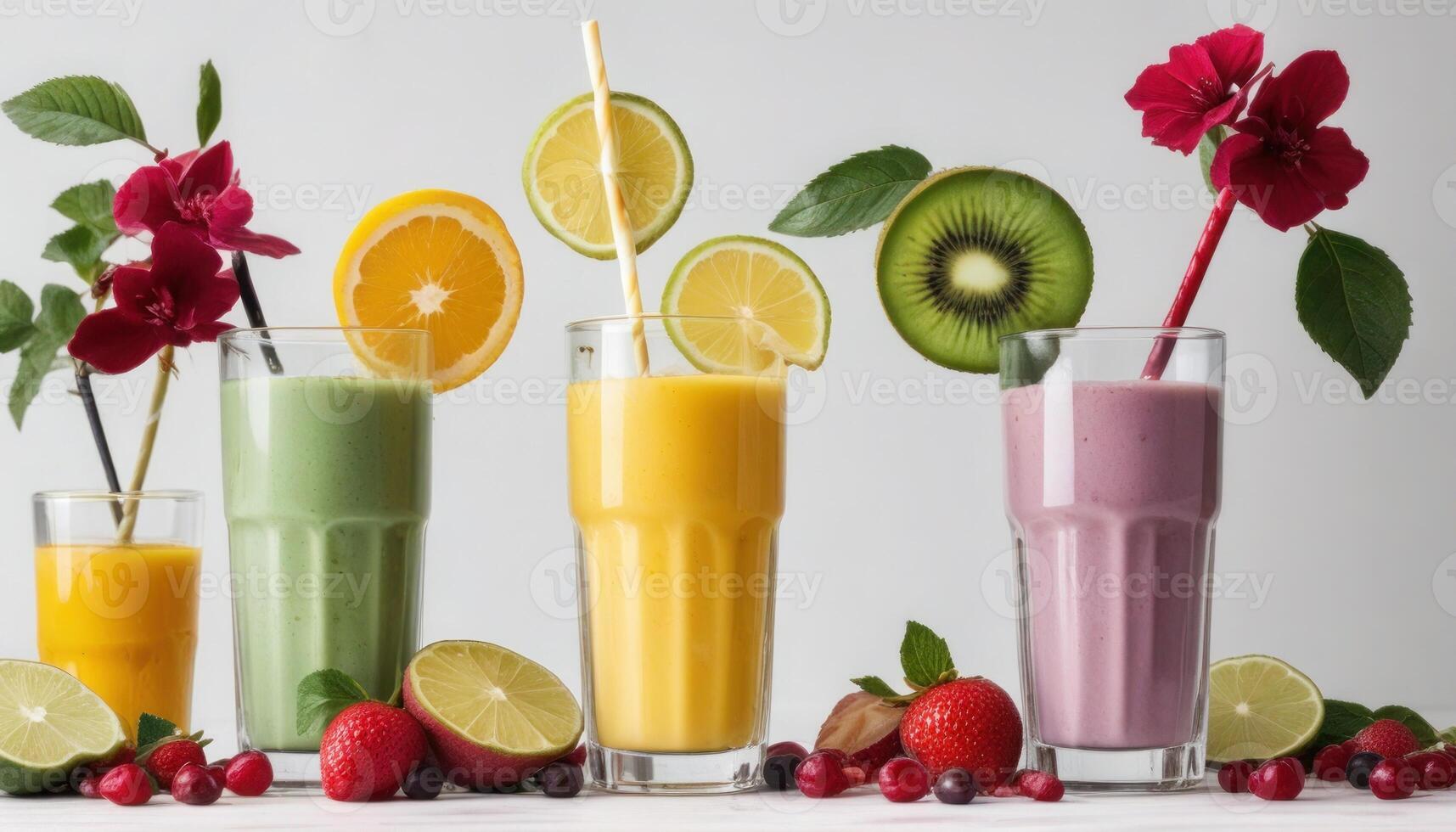 A row of colorful smoothies with straws in them photo